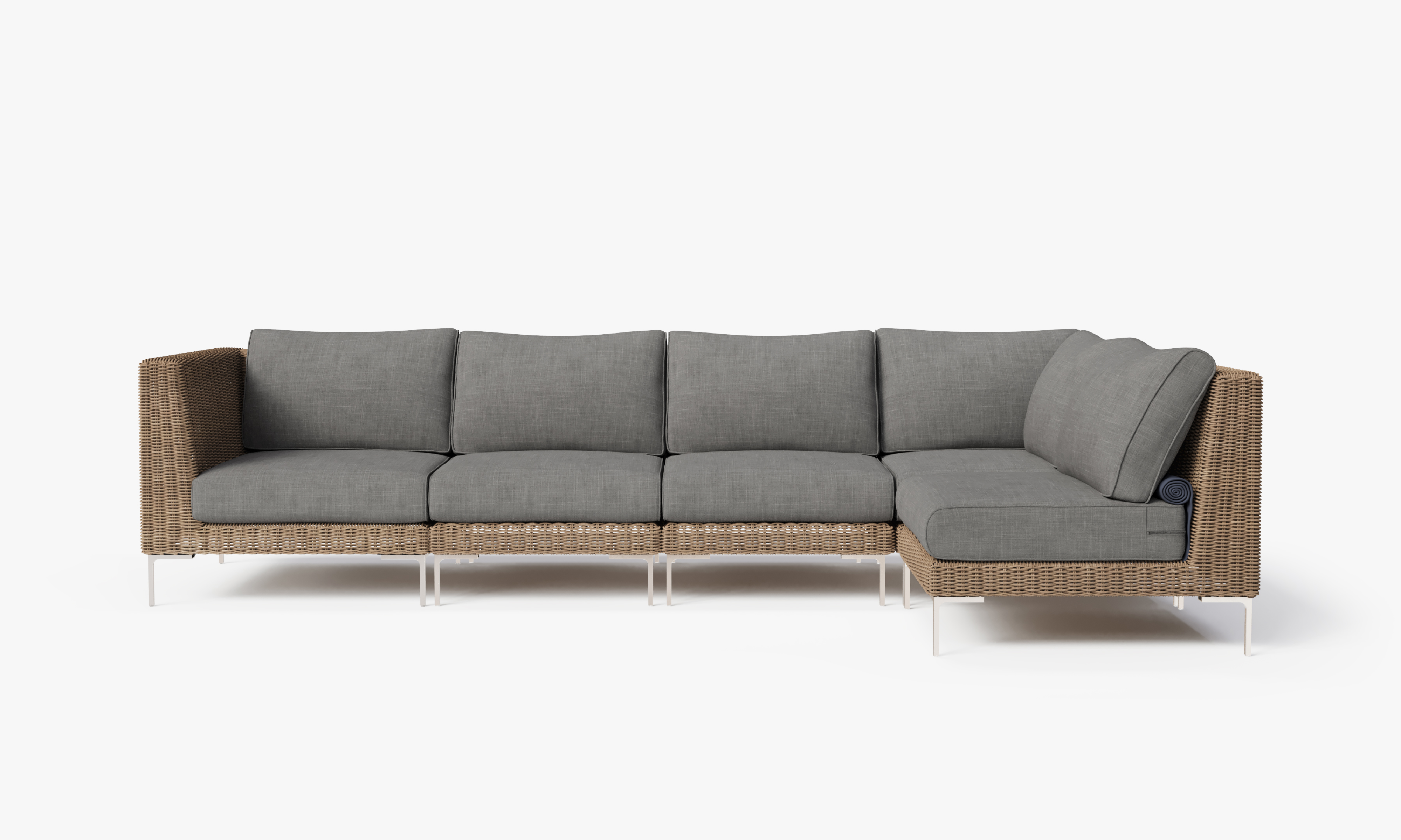 Brown Wicker Outdoor L Sectional - 5 Seat, front. Comfortable, durable, and weather resistant outdoor seating with memory foam. #color_dark pebble gray