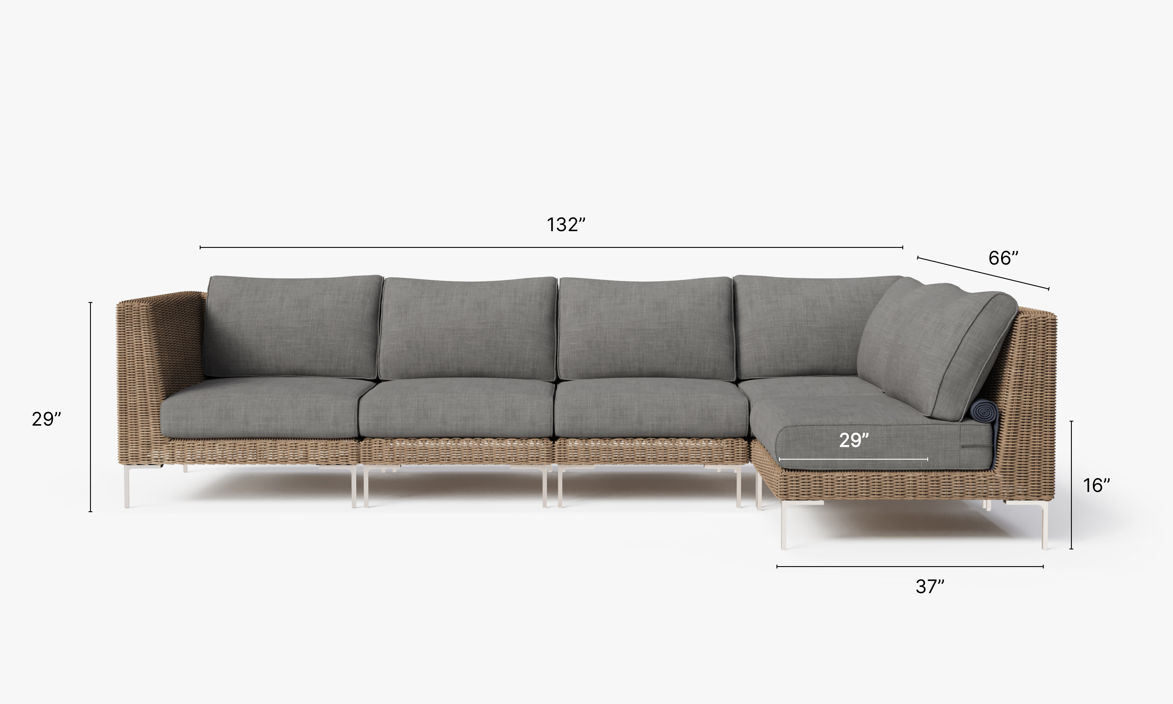 Brown Wicker Outdoor L Sectional - 5 Seat dimensions in inches, also listed under Dimensions and Weights. #color_dark pebble gray