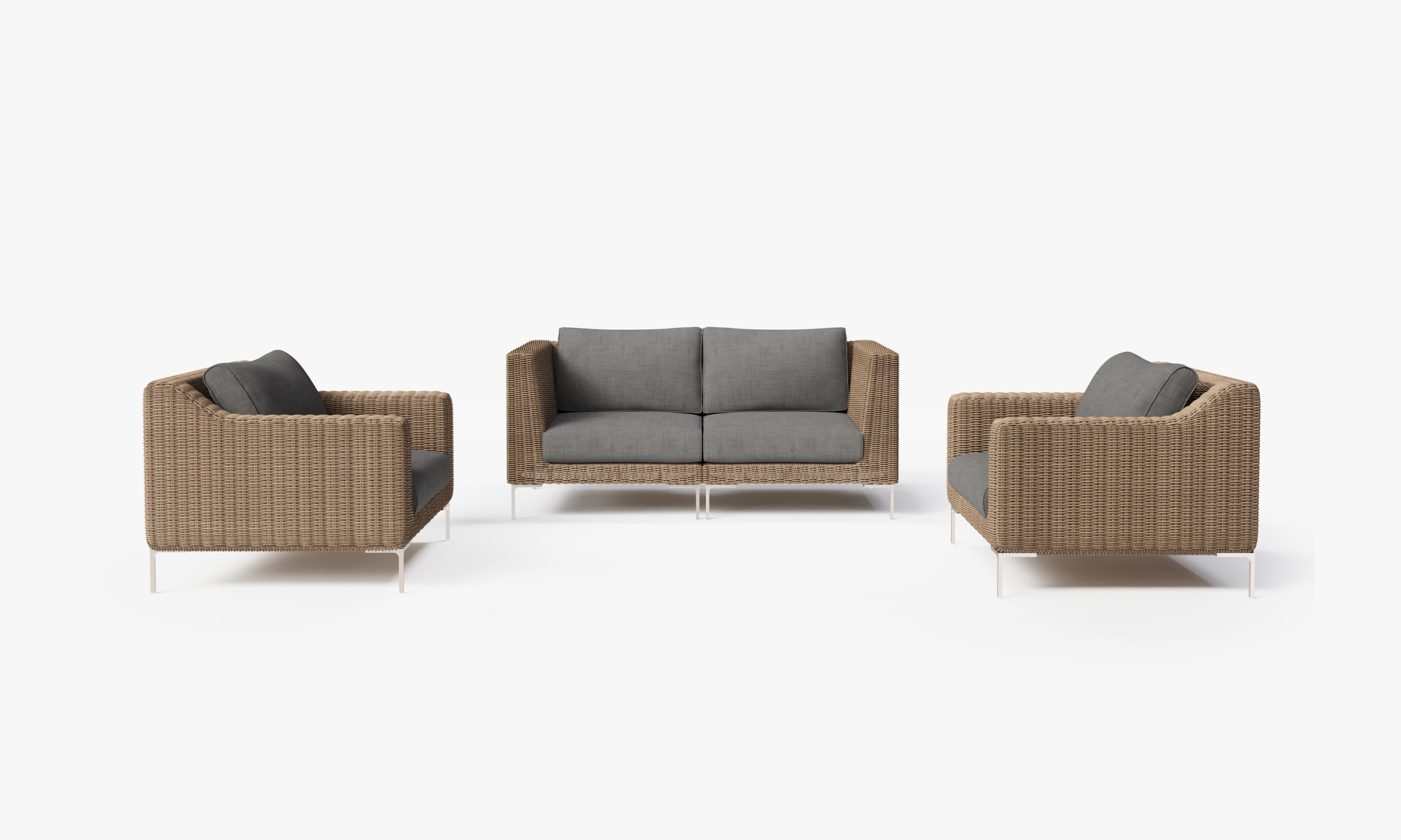 Brown Wicker Outdoor Loveseat with Armchairs - 4 Seat, front. Comfortable, durable, and weather resistant outdoor seating with memory foam. #color_dark pebble gray