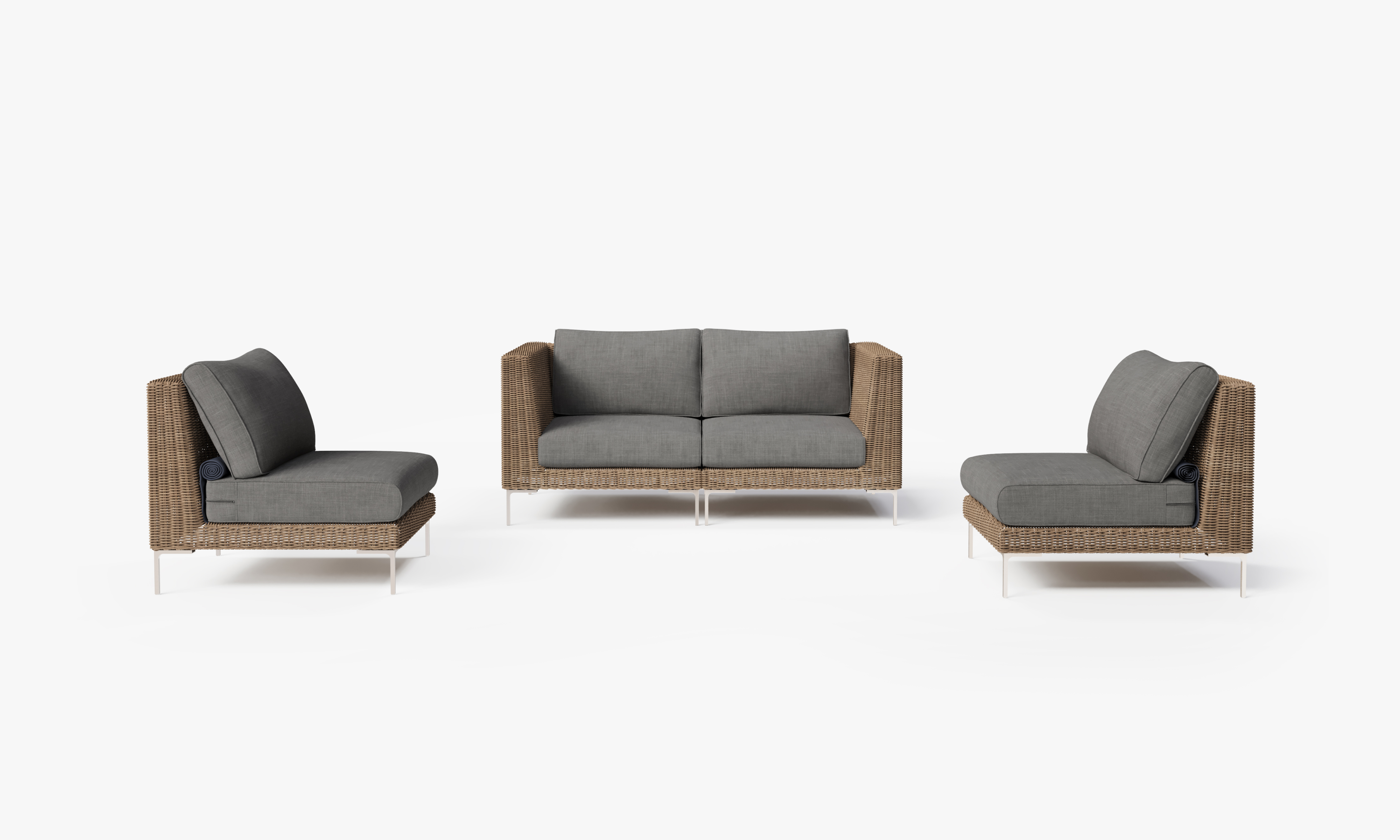 Brown Wicker Outdoor Loveseat with Armless Chairs - 4 Seat, front. Comfortable, durable, and weather resistant outdoor seating with memory foam. #color_dark pebble gray