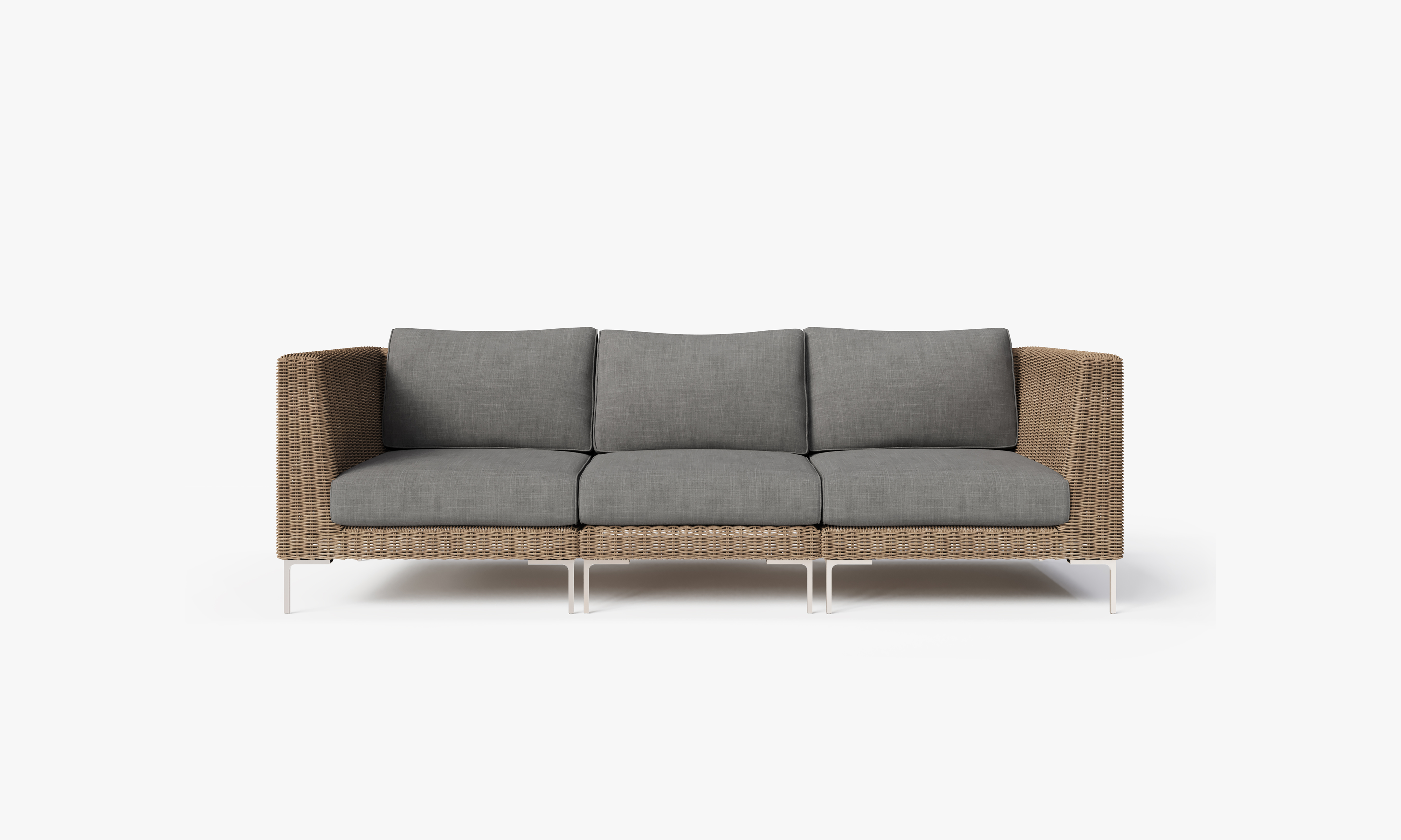 Brown Wicker Outdoor Sofa - 3 Seat, front. Comfortable, durable, and weather resistant outdoor seating with memory foam. #color_dark pebble gray