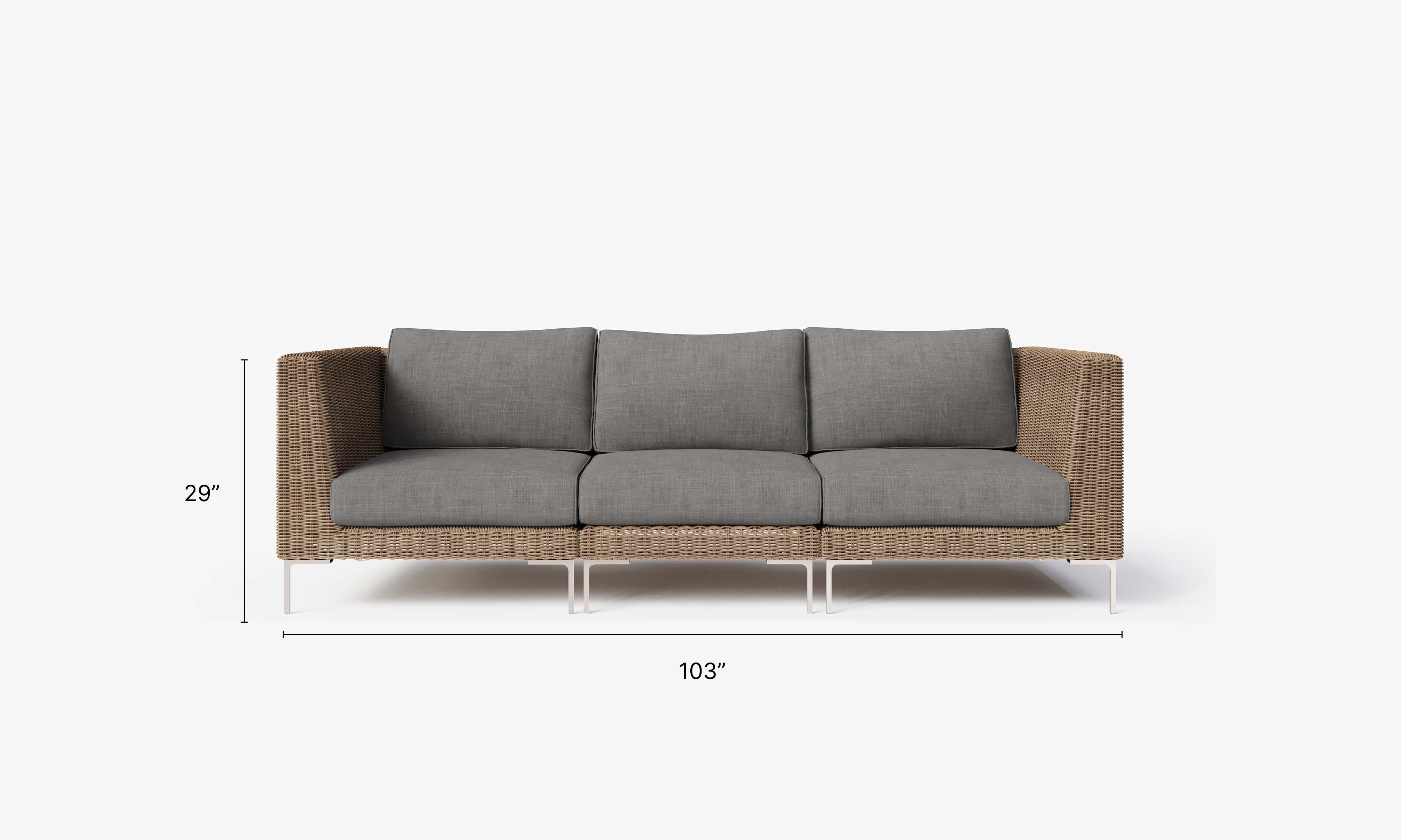 Brown Wicker Outdoor Sofa - 3 Seat dimensions in inches, also listed under Dimensions and Weights. #color_dark pebble gray