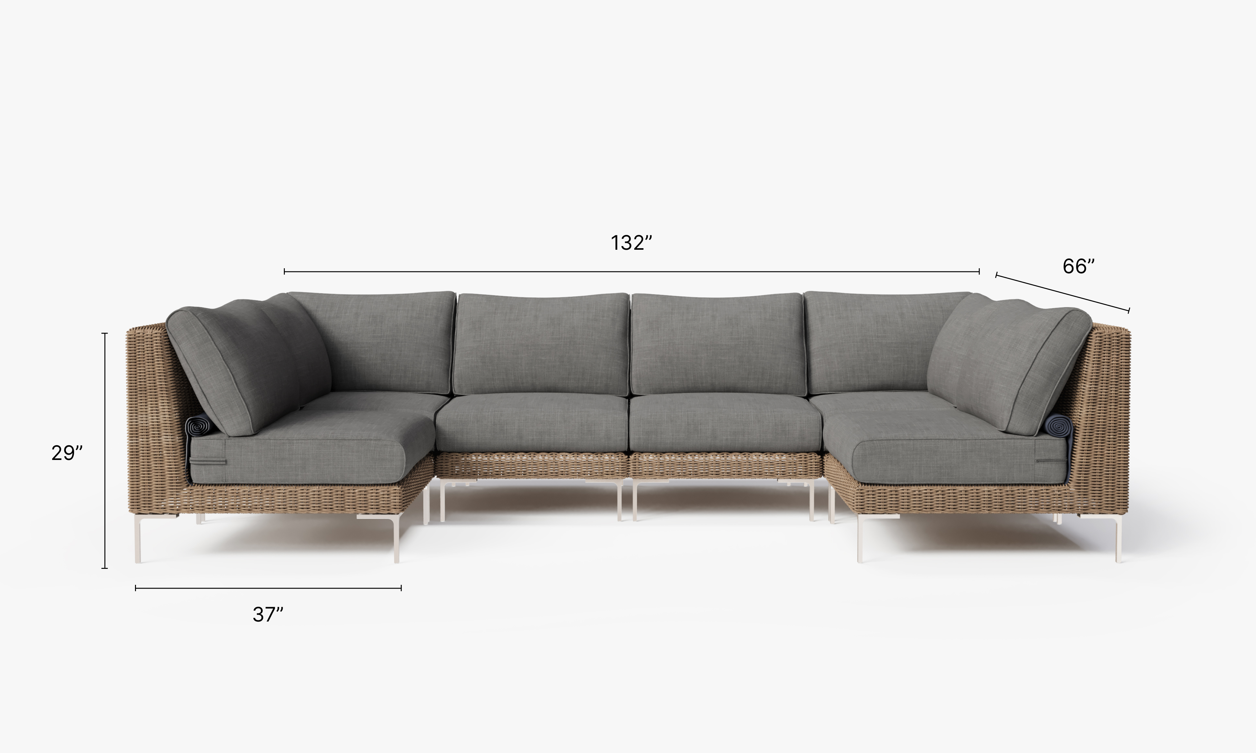 Brown Wicker Outdoor U Sectional - 6 Seat dimensions in inches, also listed under Dimensions and Weights. #color_dark pebble gray