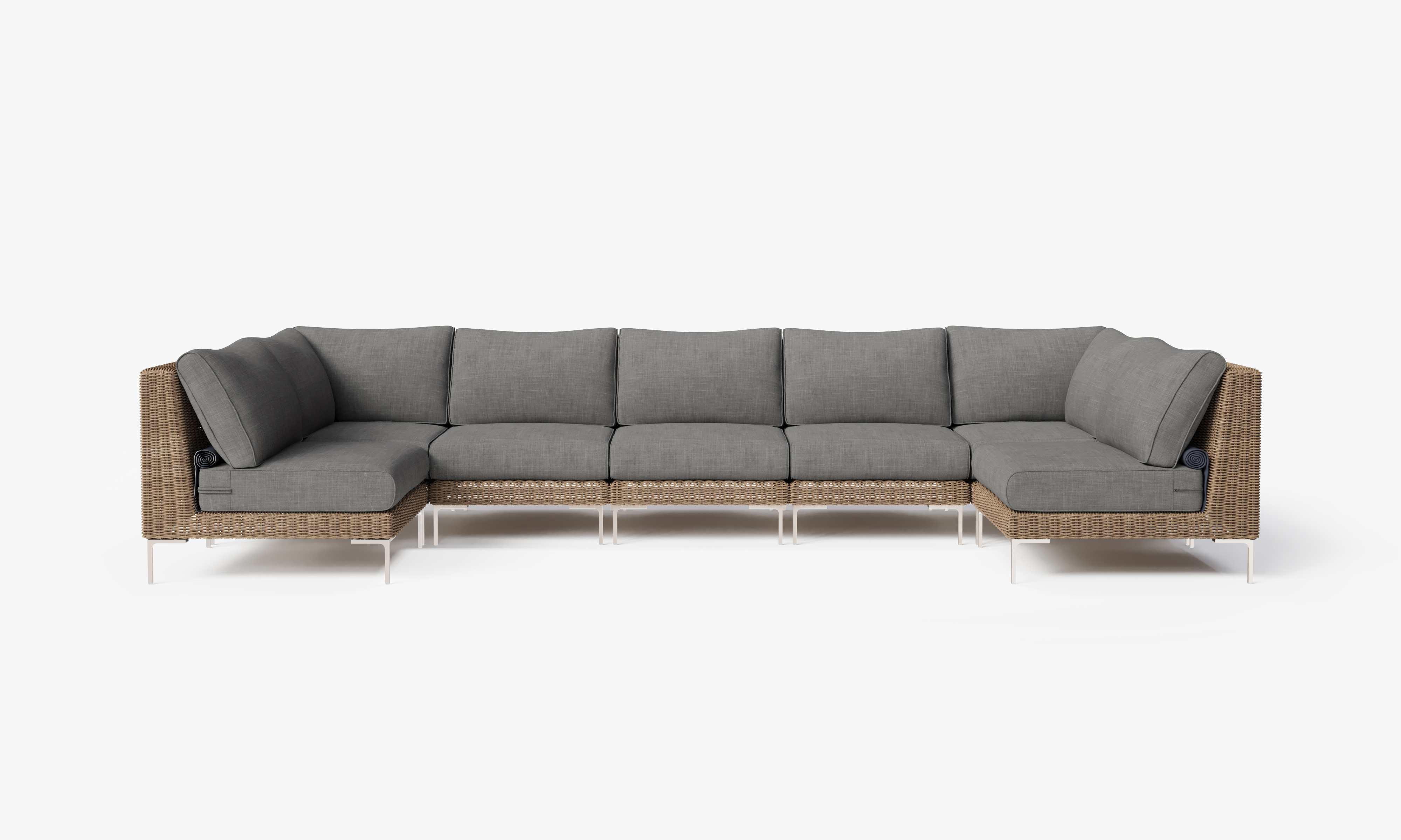 Brown Wicker Outdoor U Sectional - 7 Seat, front. Comfortable, durable, and weather resistant outdoor seating with memory foam. #color_dark pebble gray