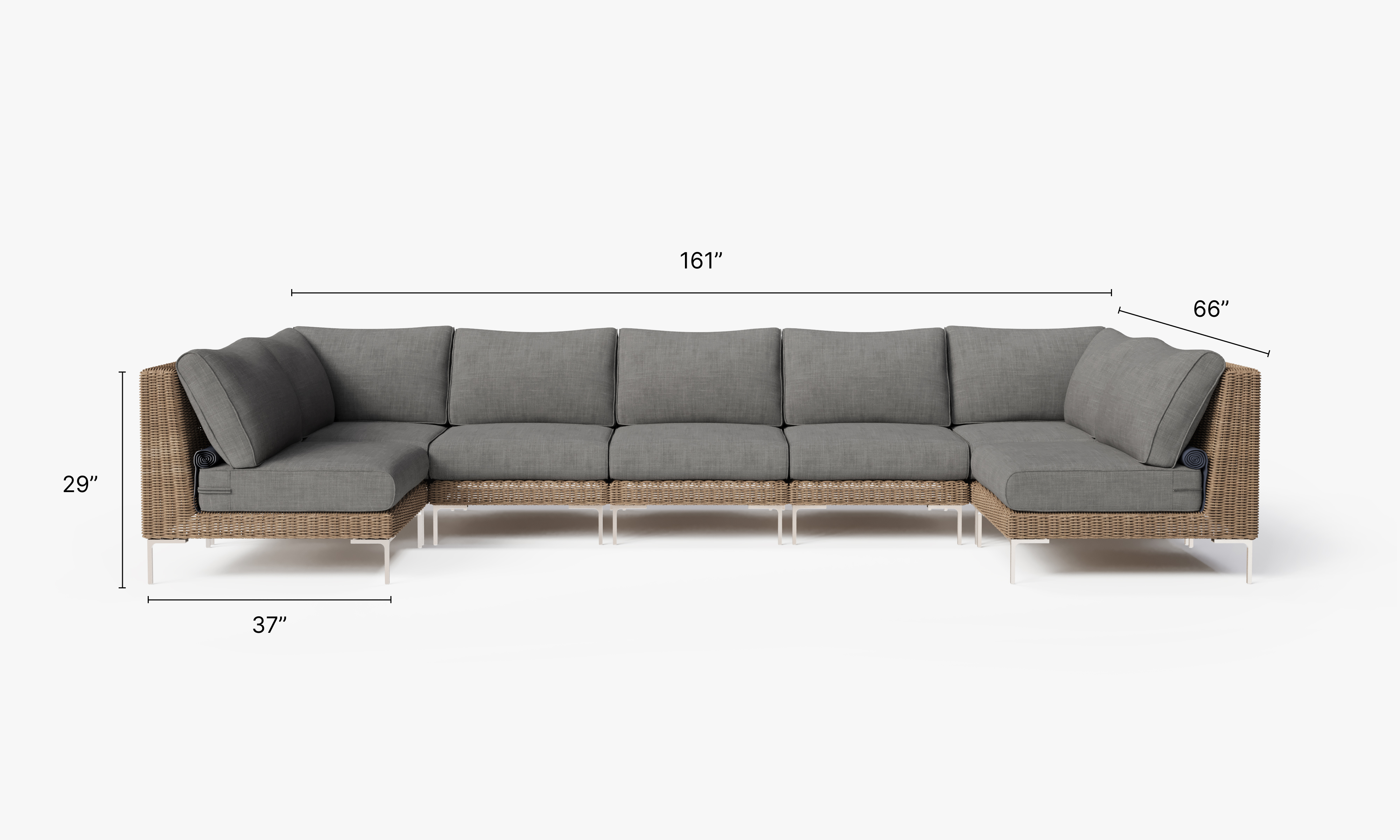 Brown Wicker Outdoor U Sectional - 7 Seat dimensions in inches, also listed under Dimensions and Weights. #color_dark pebble gray