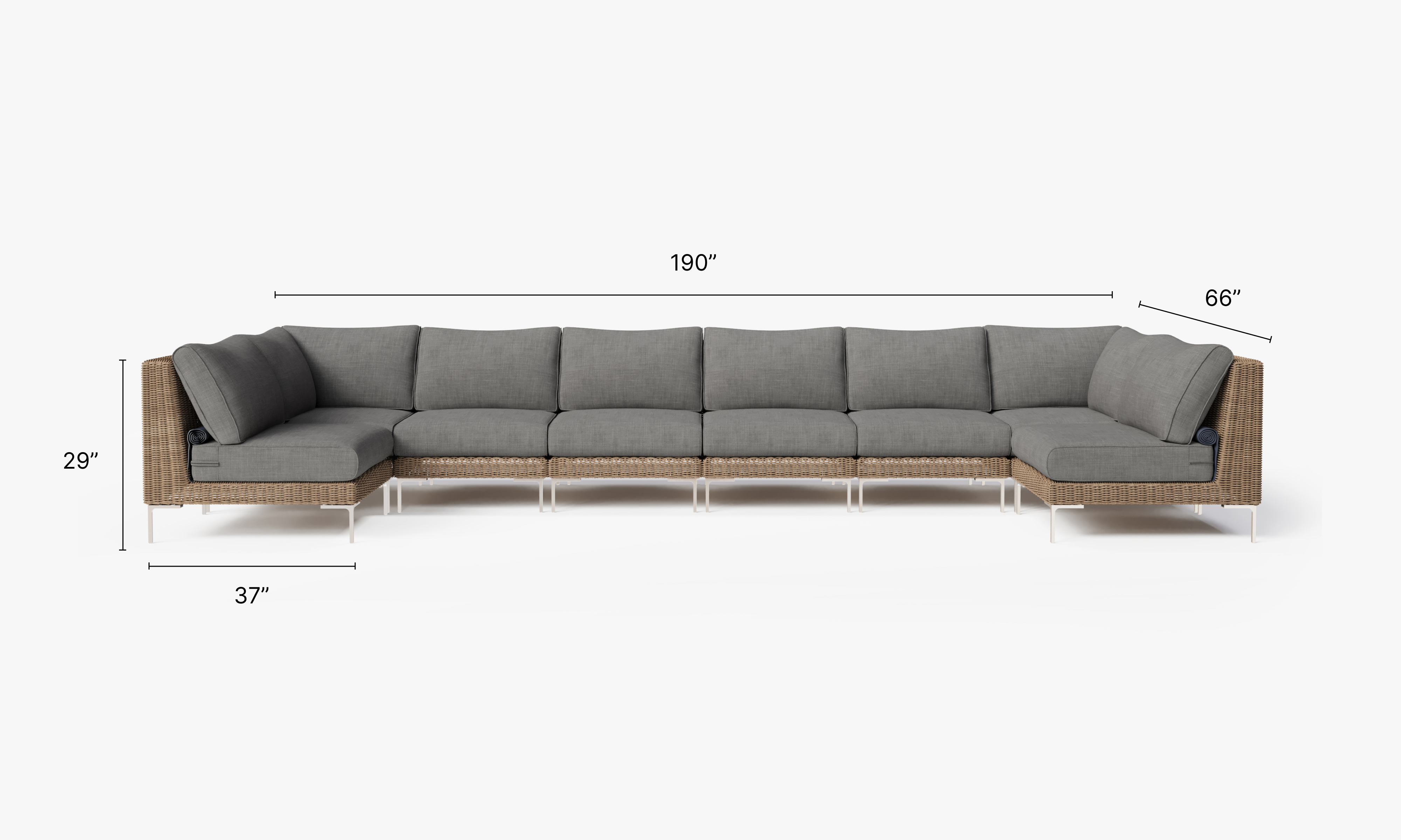 Brown Wicker Outdoor U Sectional - 8 Seat dimensions in inches, also listed under Dimensions and Weights. #color_dark pebble gray