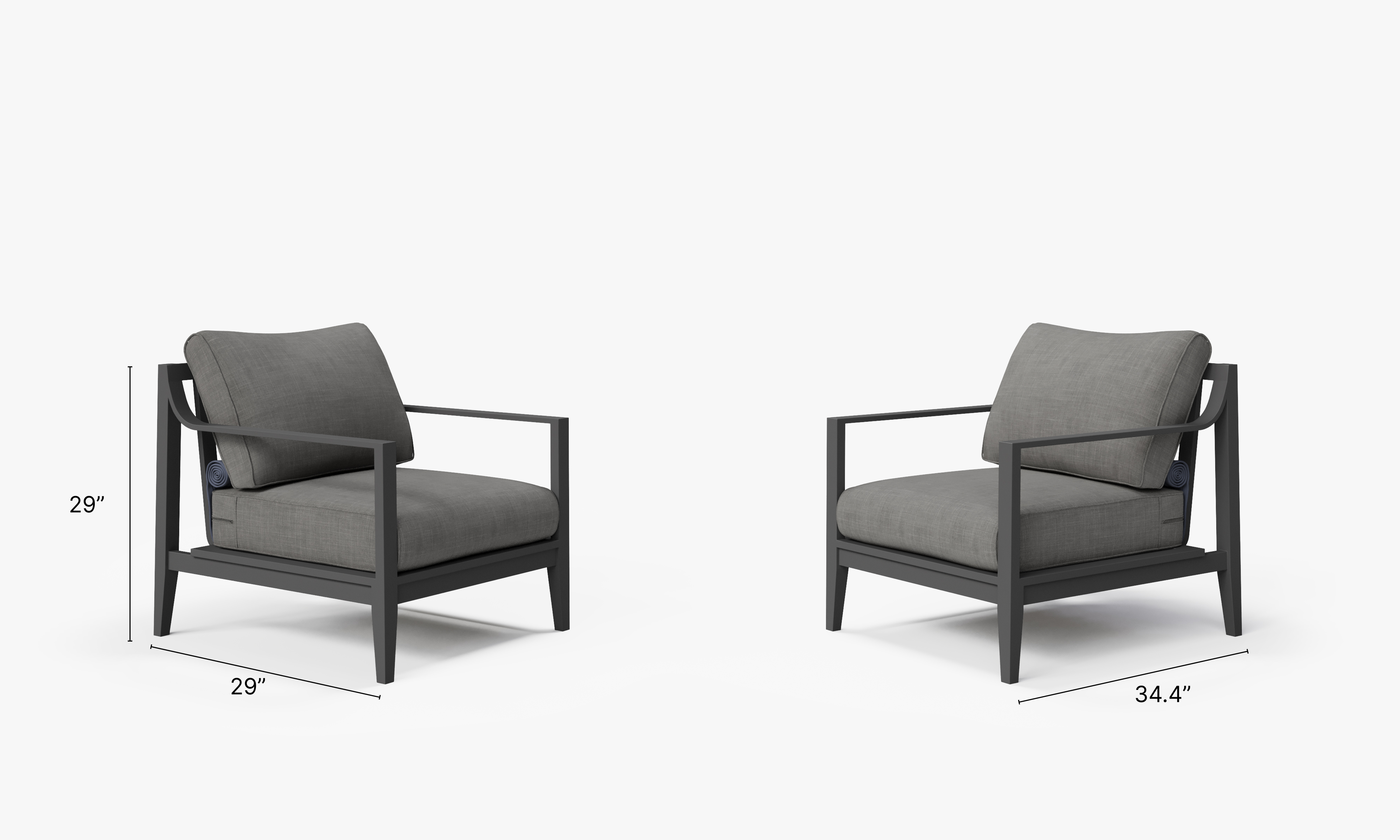 Charcoal Aluminum Outdoor Armchair Conversation Set dimensions in inches, also listed under Dimensions and Weights. #color_dark pebble gray