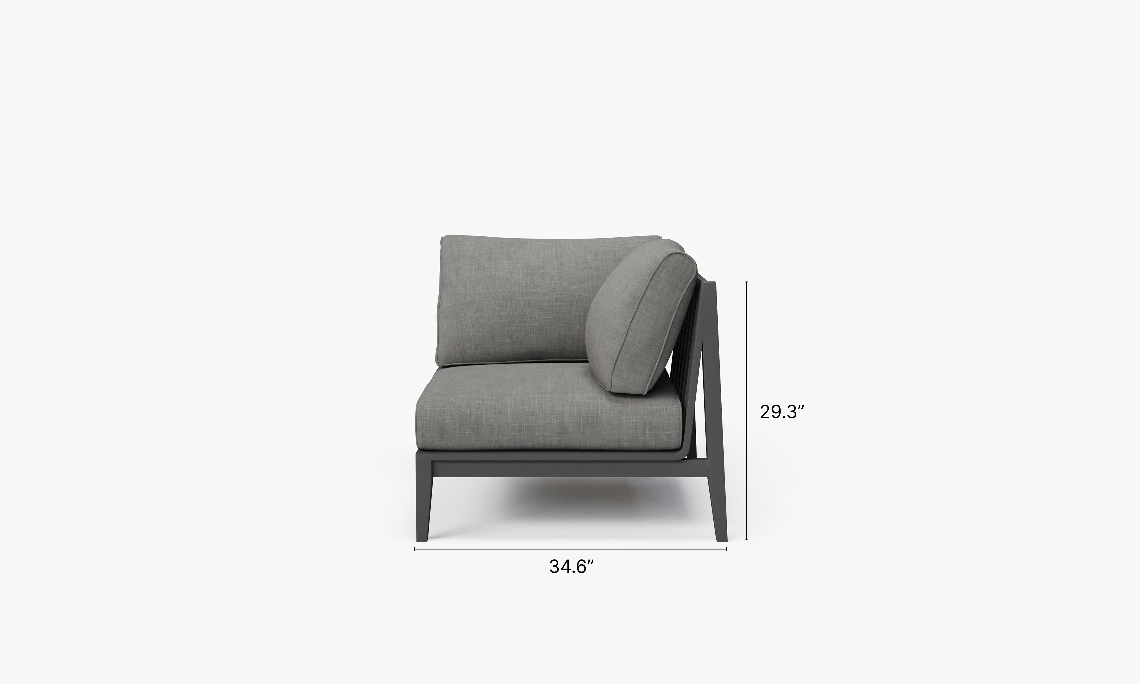 Charcoal Aluminum Outdoor Corner Chair - Left dimensions in inches, also listed under Dimensions and Weights. #color_dark pebble gray