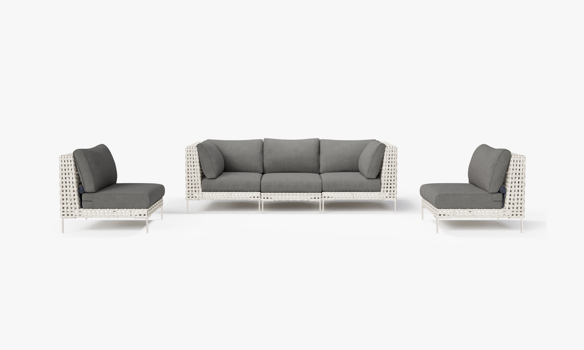 Open Weave Wicker Outdoor Sofa with Armless Chairs - 5 Seat in Dark Pebble Gray #color_dark pebble gray