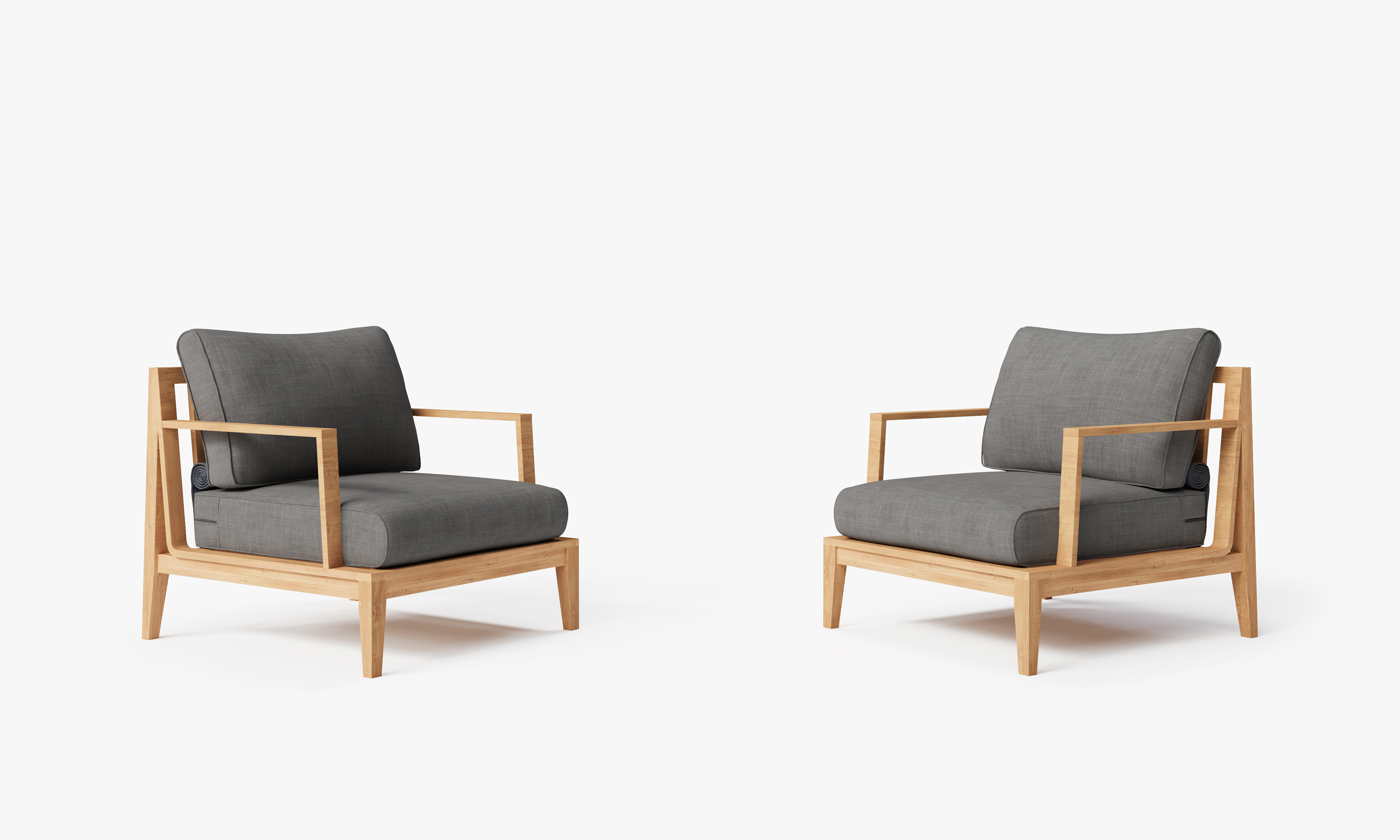 Teak outdoor sofa and armchair conversation set arranged on a patio with neutral cushions, creating a comfortable seating area for outdoor relaxation.-teak outdoor sofa-outer #color_dark pebble gray