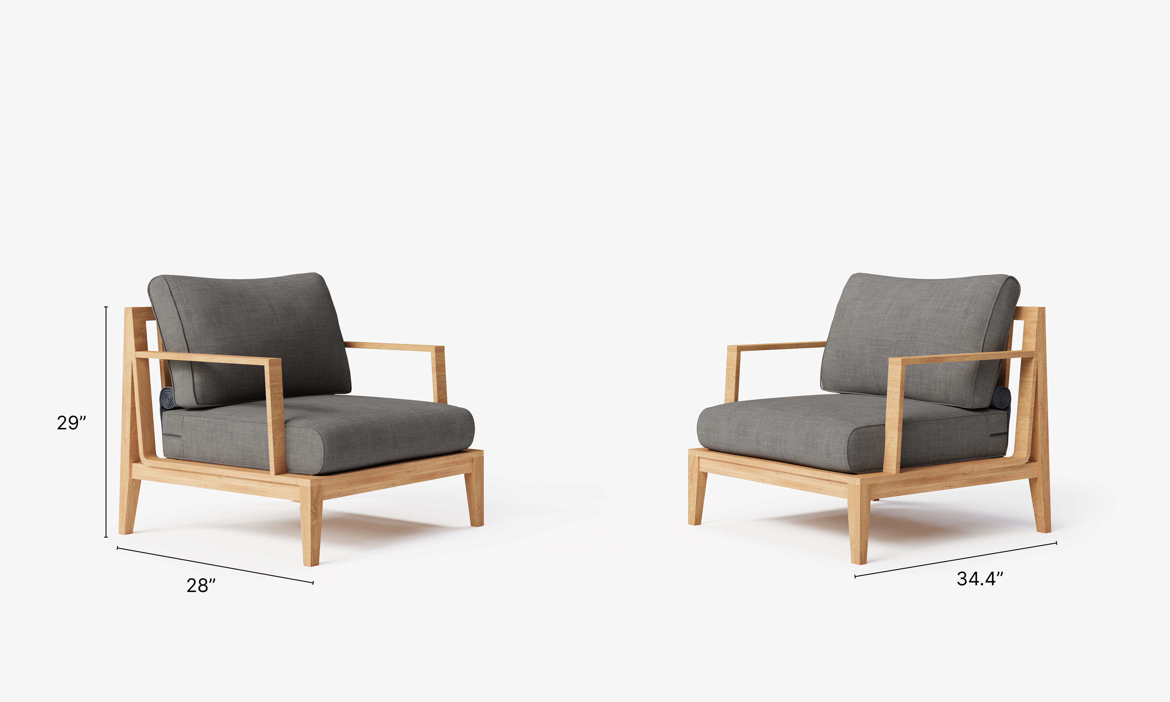 Teak outdoor sofa and armchairs arranged as a conversation set on a patio, featuring clean lines and neutral cushions for comfortable seating.-teak outdoor sofa-outer #color_dark pebble gray