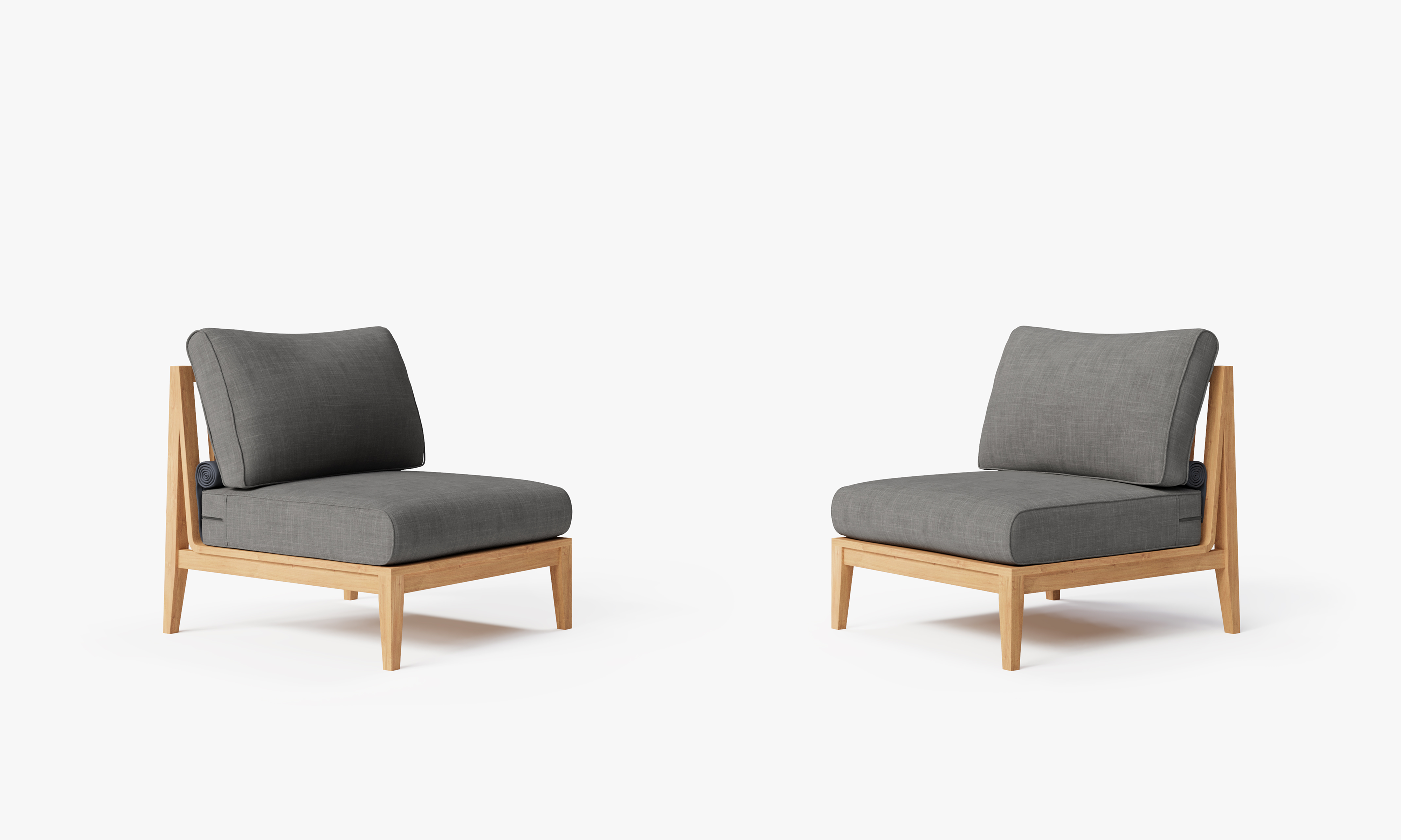 Teak outdoor armless chair and sofa set arranged for conversation, featuring clean lines and neutral cushions on a wooden deck.-teak outdoor sofa-outer #color_dark pebble gray