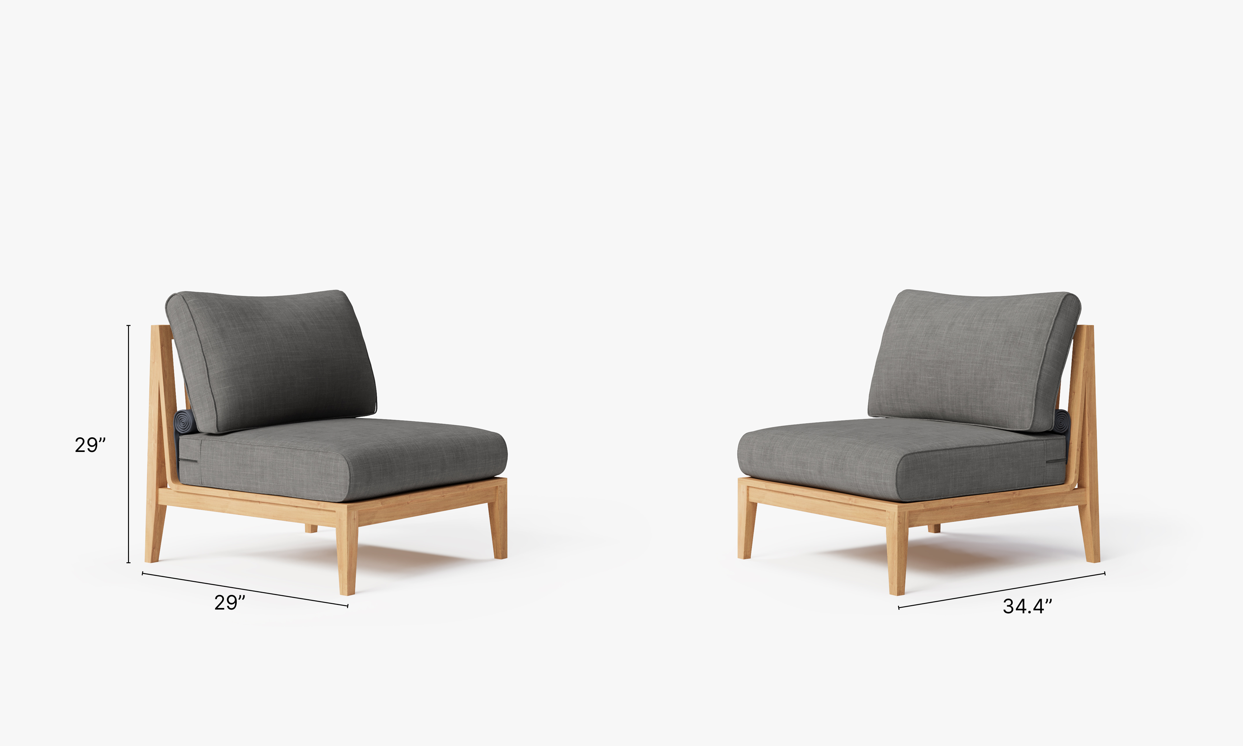 Teak outdoor sofa set featuring an armless chair and a matching loveseat arranged for conversation, with white cushions and a natural wood finish.-teak outdoor sofa-outer #color_dark pebble gray