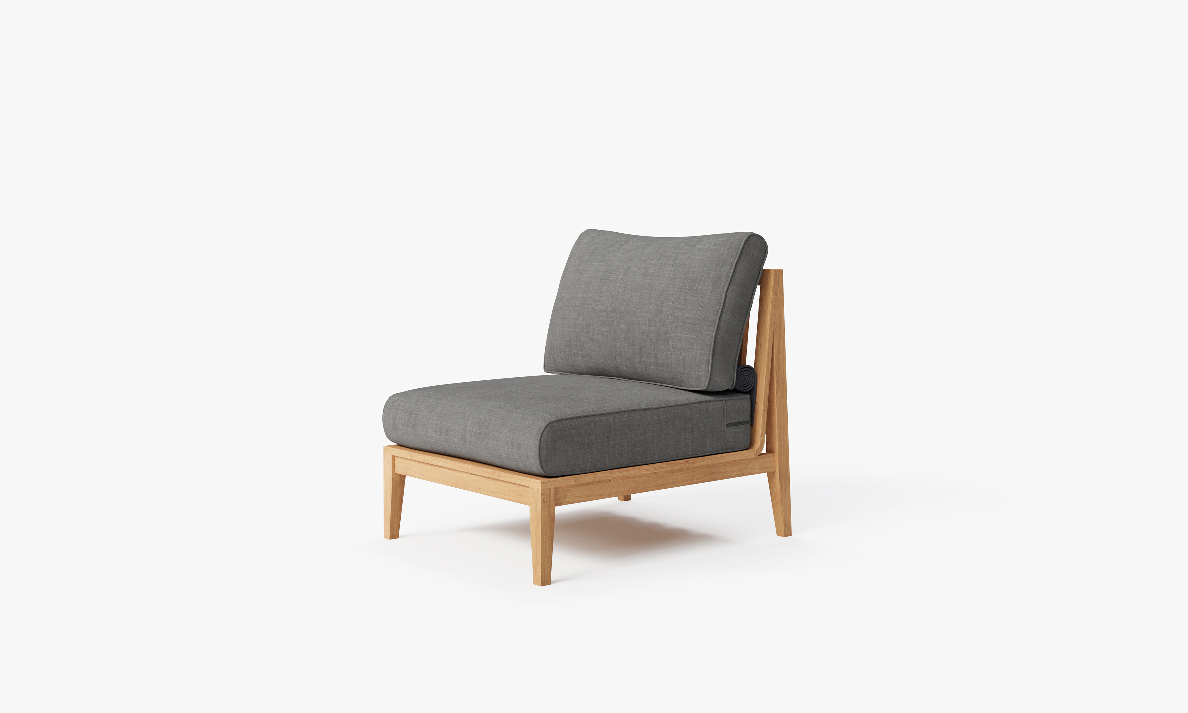Teak outdoor armless chair with a cushioned seat and backrest in a pebble color, featuring a sturdy wooden frame and clean, modern lines.-teak outdoor sofa-outer #color_dark pebble gray