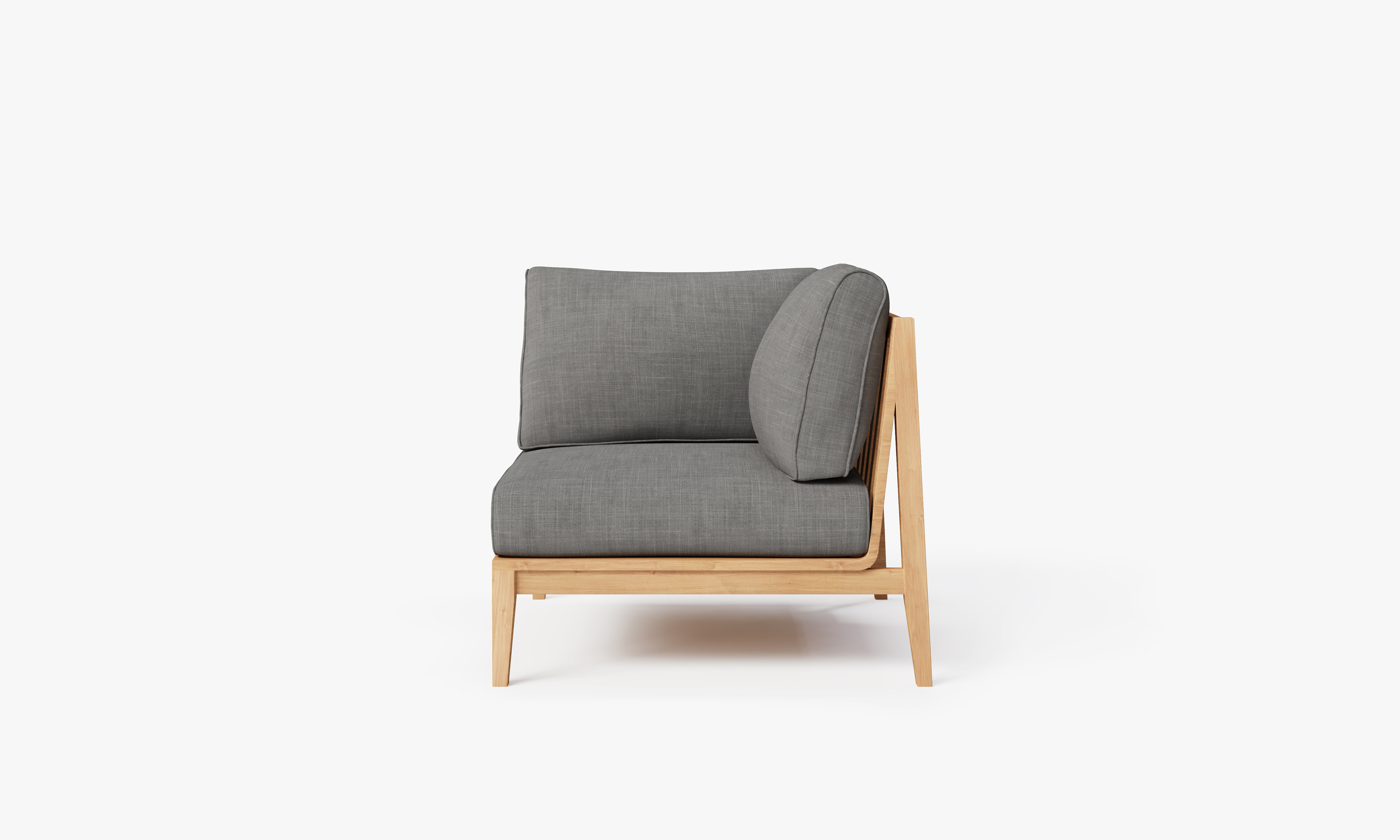 Teak outdoor corner sofa with cushioned seats, featuring a left corner chair in a pebble color, designed for outdoor use.-teak outdoor sofa-outer #color_dark pebble gray