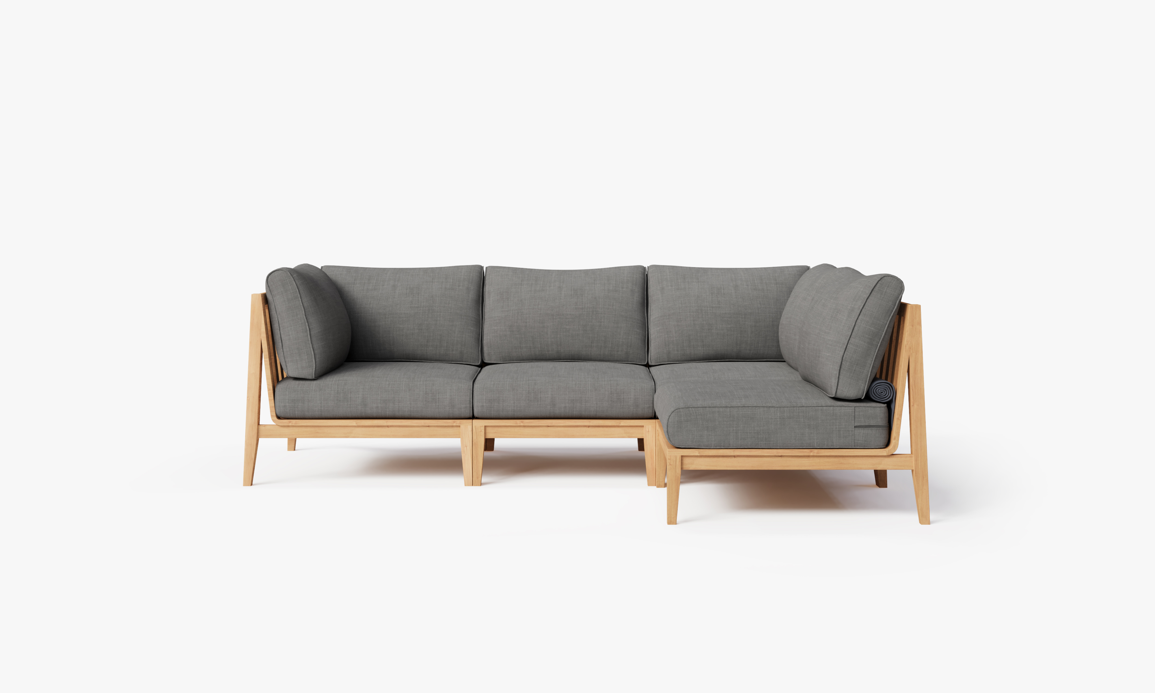 Teak outdoor L sectional sofa with 4 seats, featuring pebble-colored cushions and a modern design.-teak outdoor sofa-outer #color_dark pebble gray