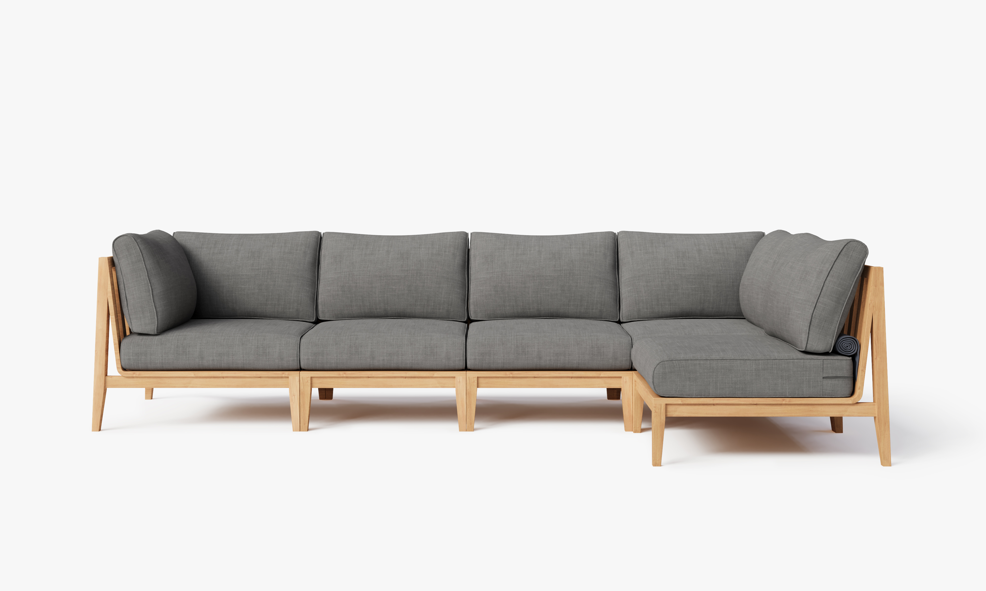 Teak outdoor L sectional sofa with 5 seats, featuring pebble-colored cushions and a modern design.-teak outdoor sofa-outer #color_dark pebble gray