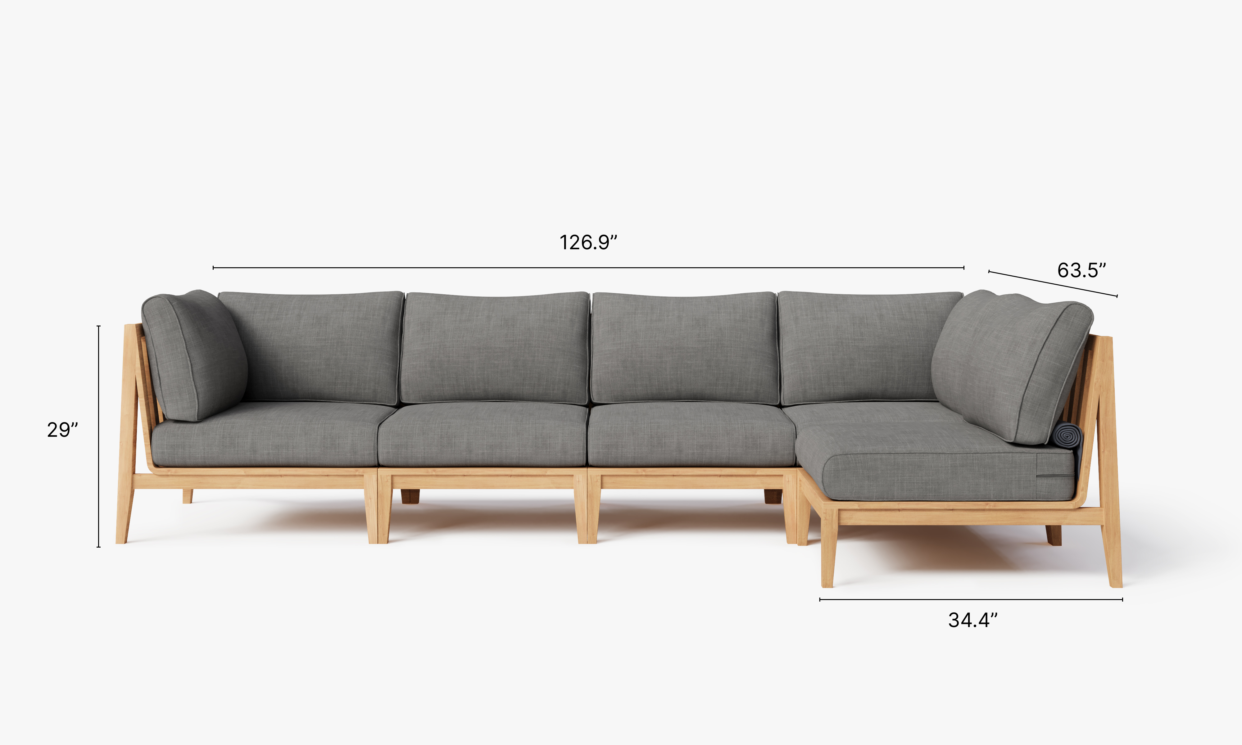 Teak outdoor sofa featuring a 5-seat L-shaped sectional design with dark pebble gray cushions.-teak outdoor sofa-outer #color_dark pebble gray