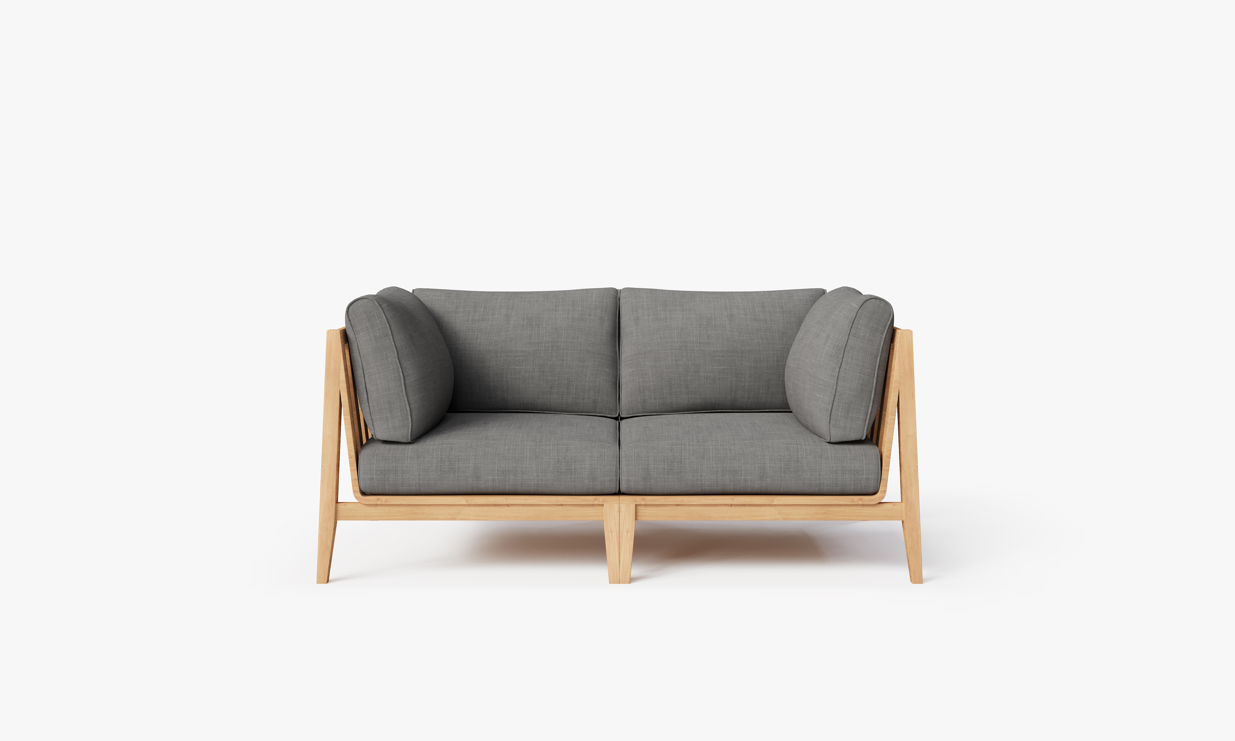 Teak outdoor loveseat featuring a sturdy wooden frame with a natural finish, cushioned seat and backrest in a light pebble color, designed for comfortable outdoor seating.-teak outdoor sofa-outer #color_dark pebble gray