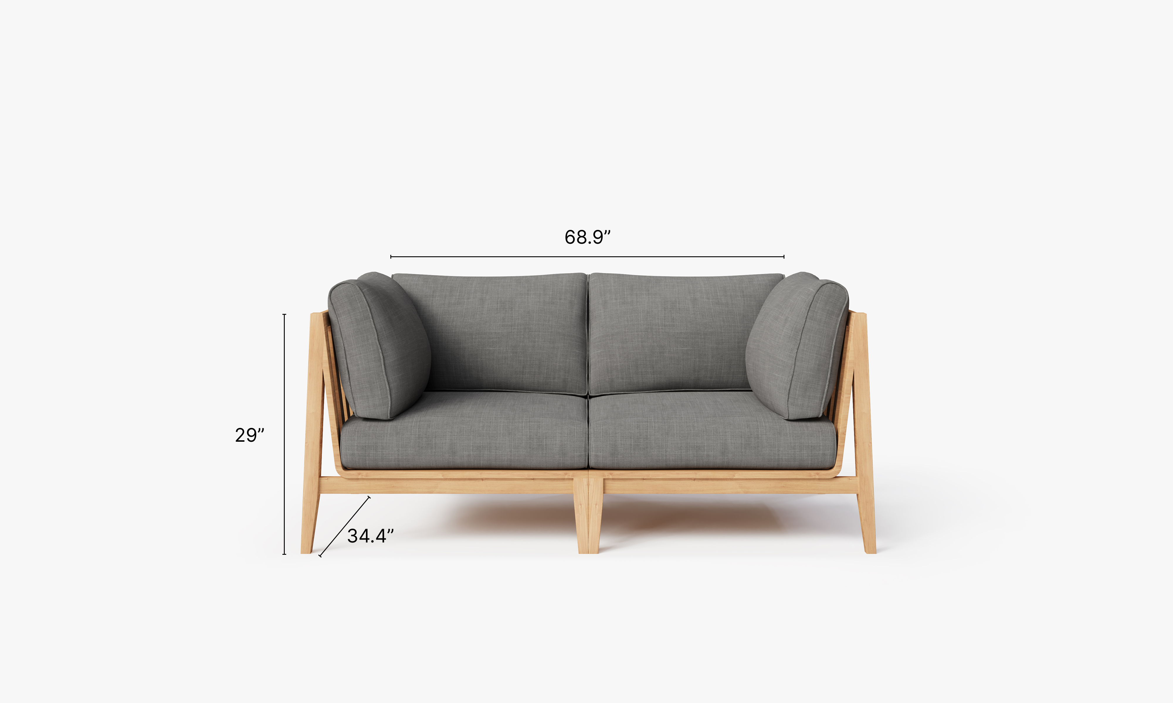 Teak outdoor loveseat with white aluminum frame and dark pebble gray cushions, designed for comfortable outdoor seating.-teak outdoor sofa-outer #color_dark pebble gray