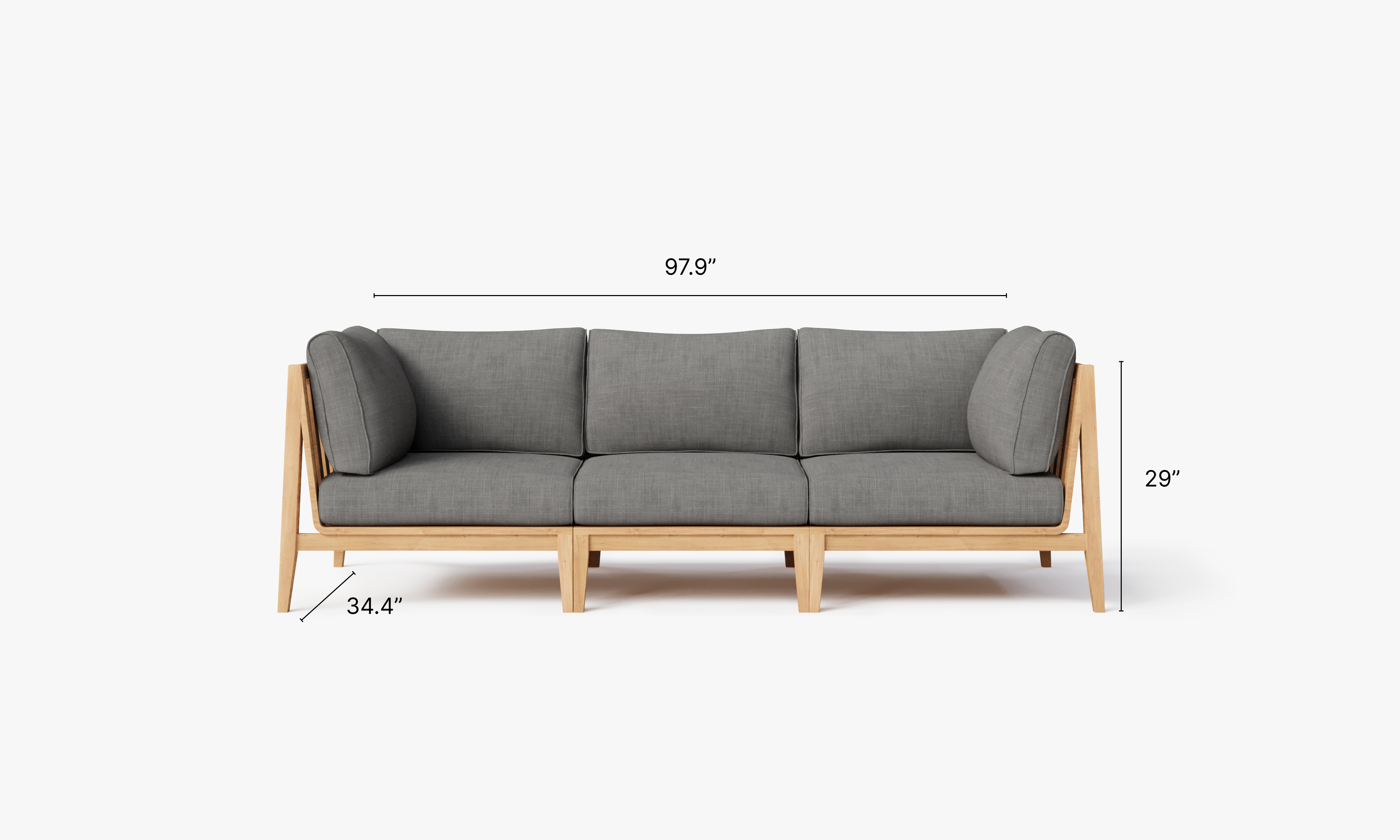 Teak outdoor sofa with 3 seats, featuring a sturdy wooden frame and comfortable cushions.-teak outdoor sofa-outer #color_dark pebble gray