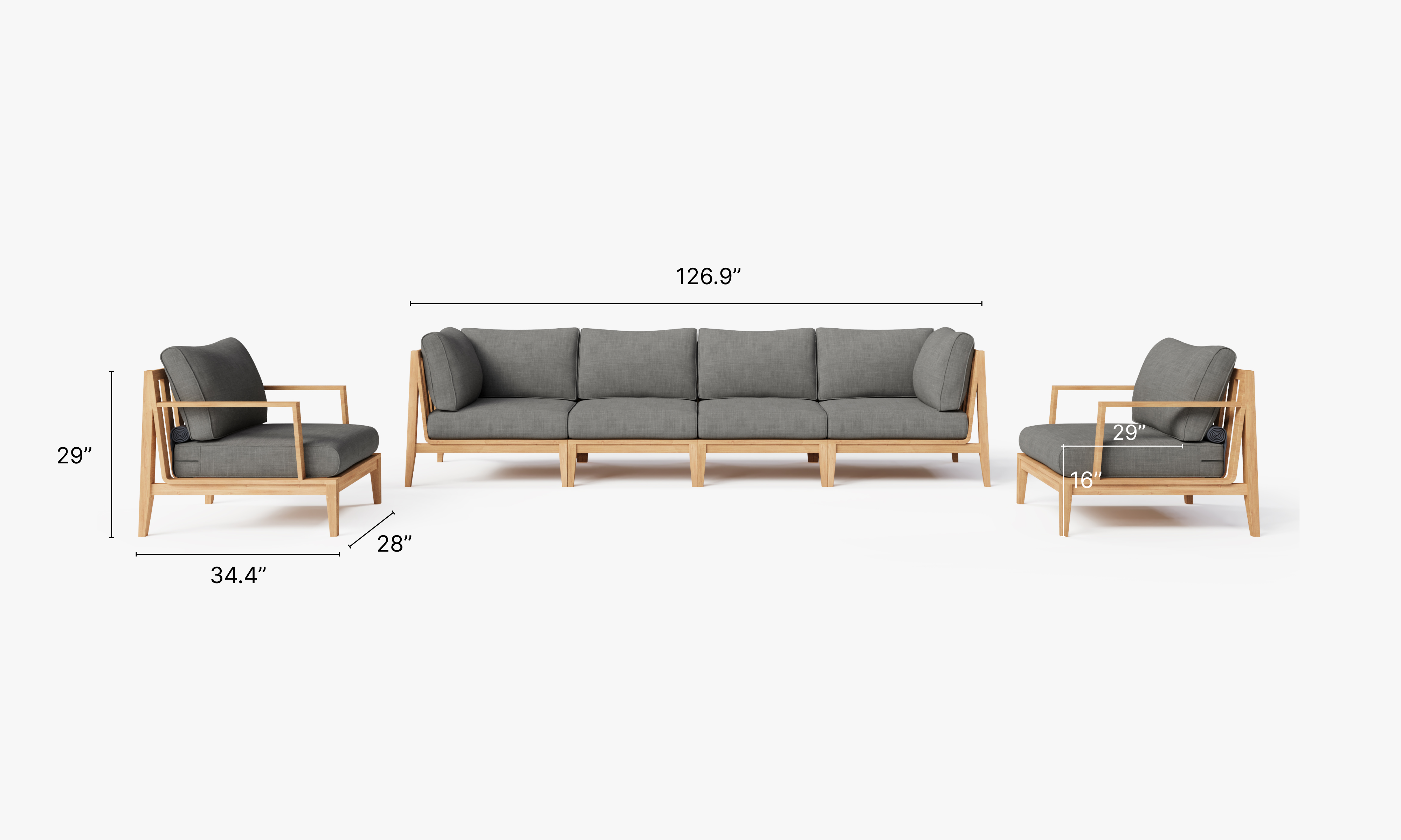 Teak outdoor sofa with matching armchairs arranged around a low coffee table on a wooden deck.-teak outdoor sofa-outer #color_dark pebble gray
