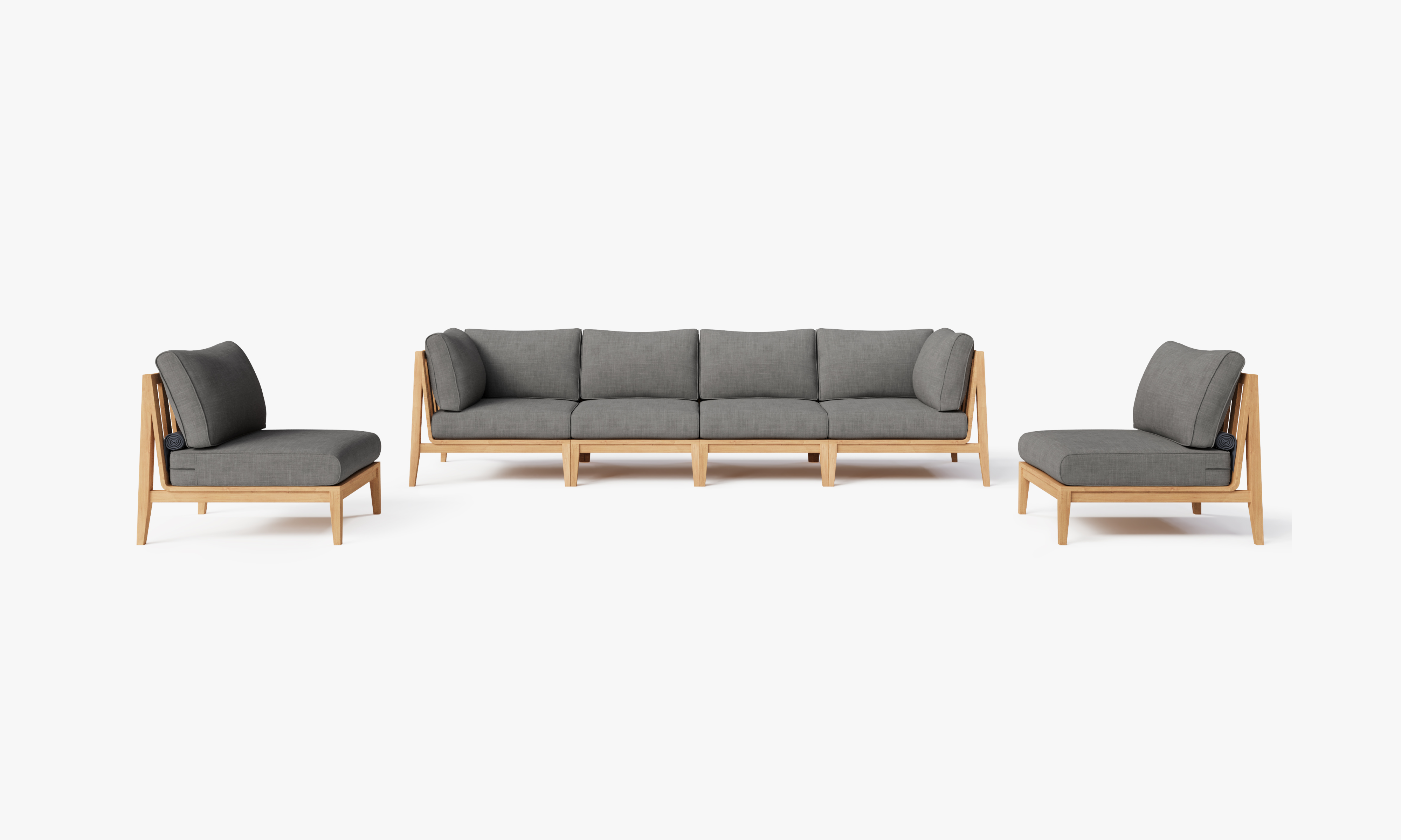 Teak outdoor sofa with armless chairs arranged on a wooden deck, featuring neutral cushions and a modern, minimalist design.-teak outdoor sofa-outer #color_dark pebble gray