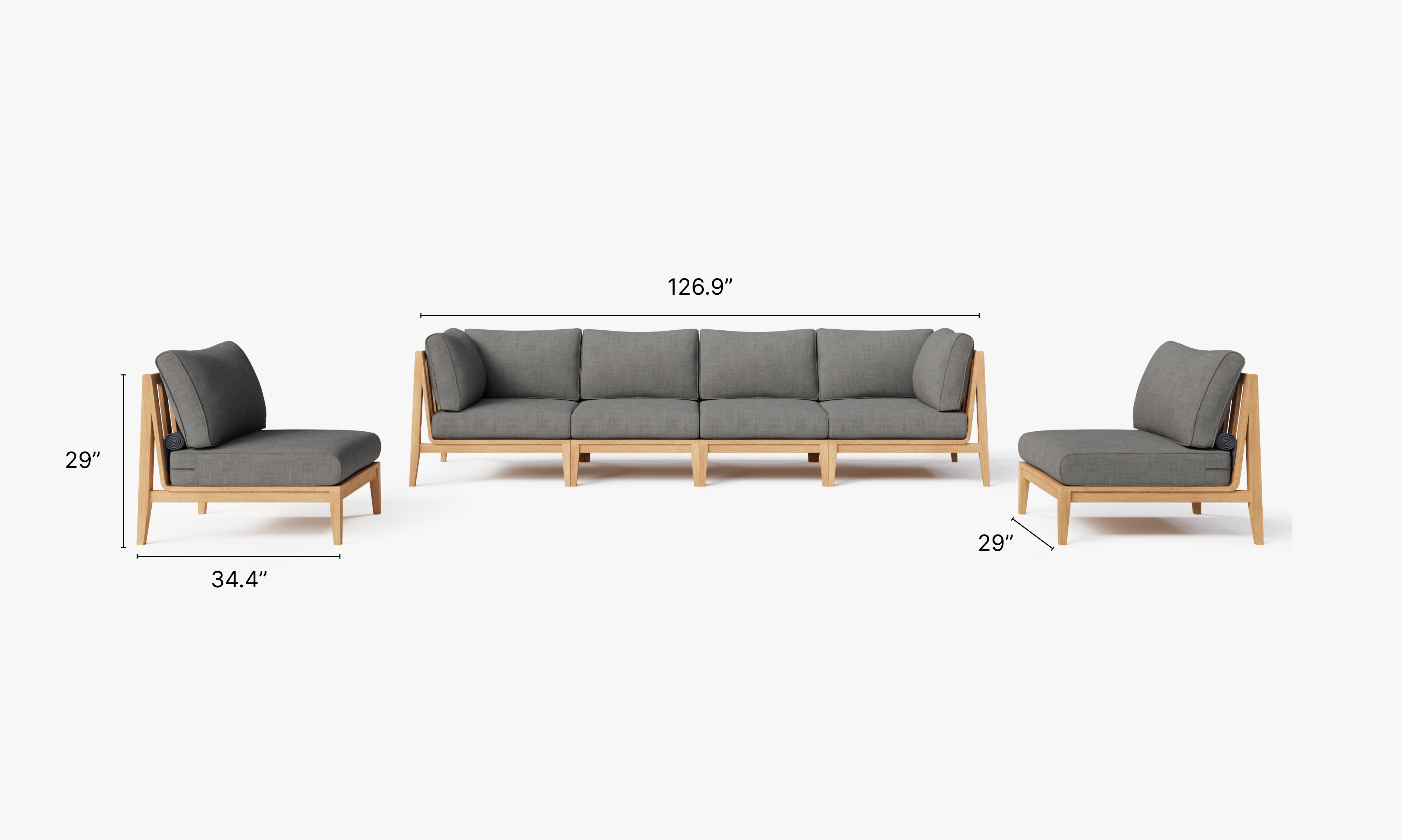 A teak outdoor sofa with white cushions, featuring an armless design and a minimalist wooden frame, placed on a light-colored floor against a white wall.-teak outdoor sofa-outer #color_dark pebble gray