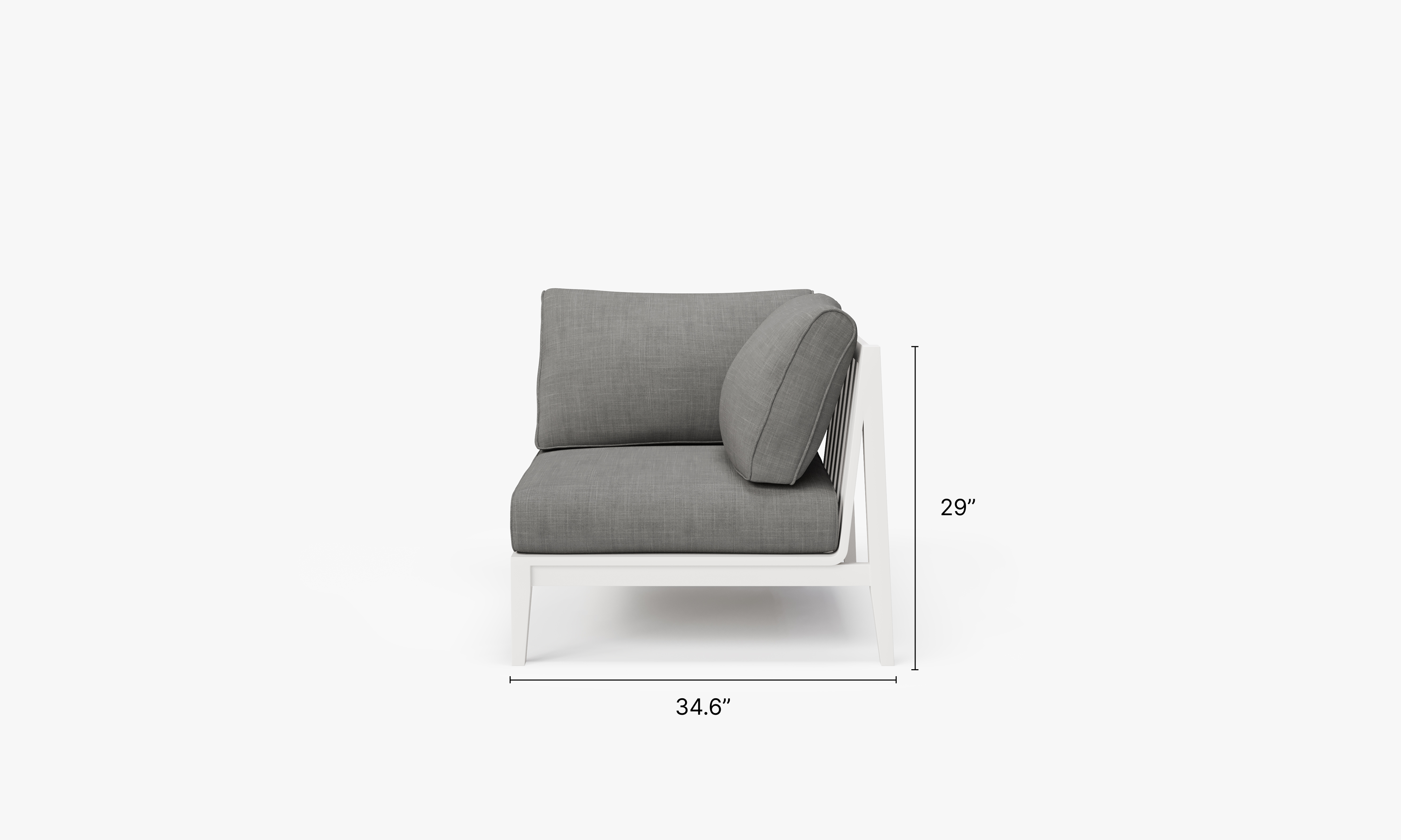 White Aluminum Outdoor Corner Chair - Left dimensions in inches, also listed under Dimensions and Weights. #color_dark pebble gray