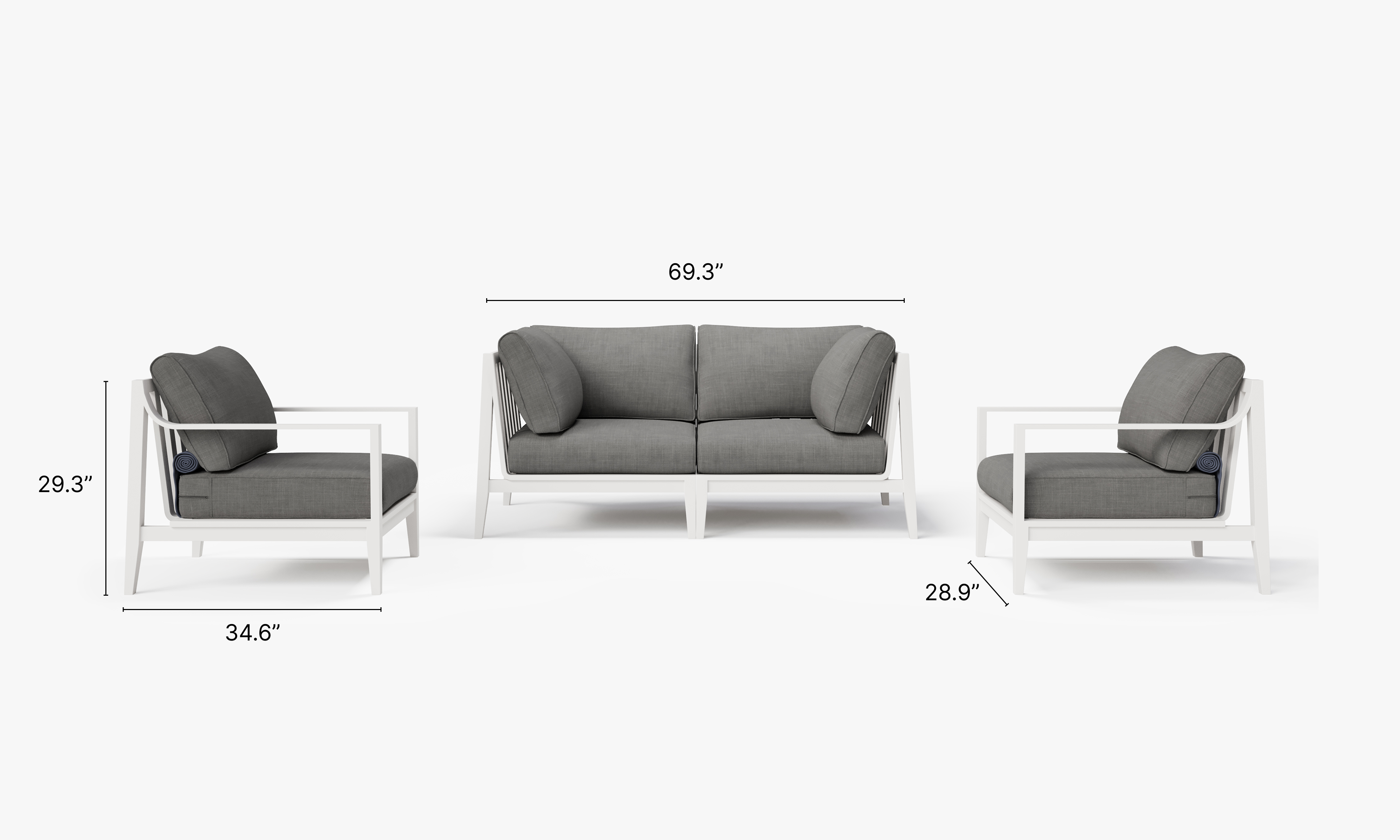 White Aluminum Outdoor Loveseat with Armchairs - 4 Seat dimensions in inches, also listed under Dimensions and Weights. #color_dark pebble gray