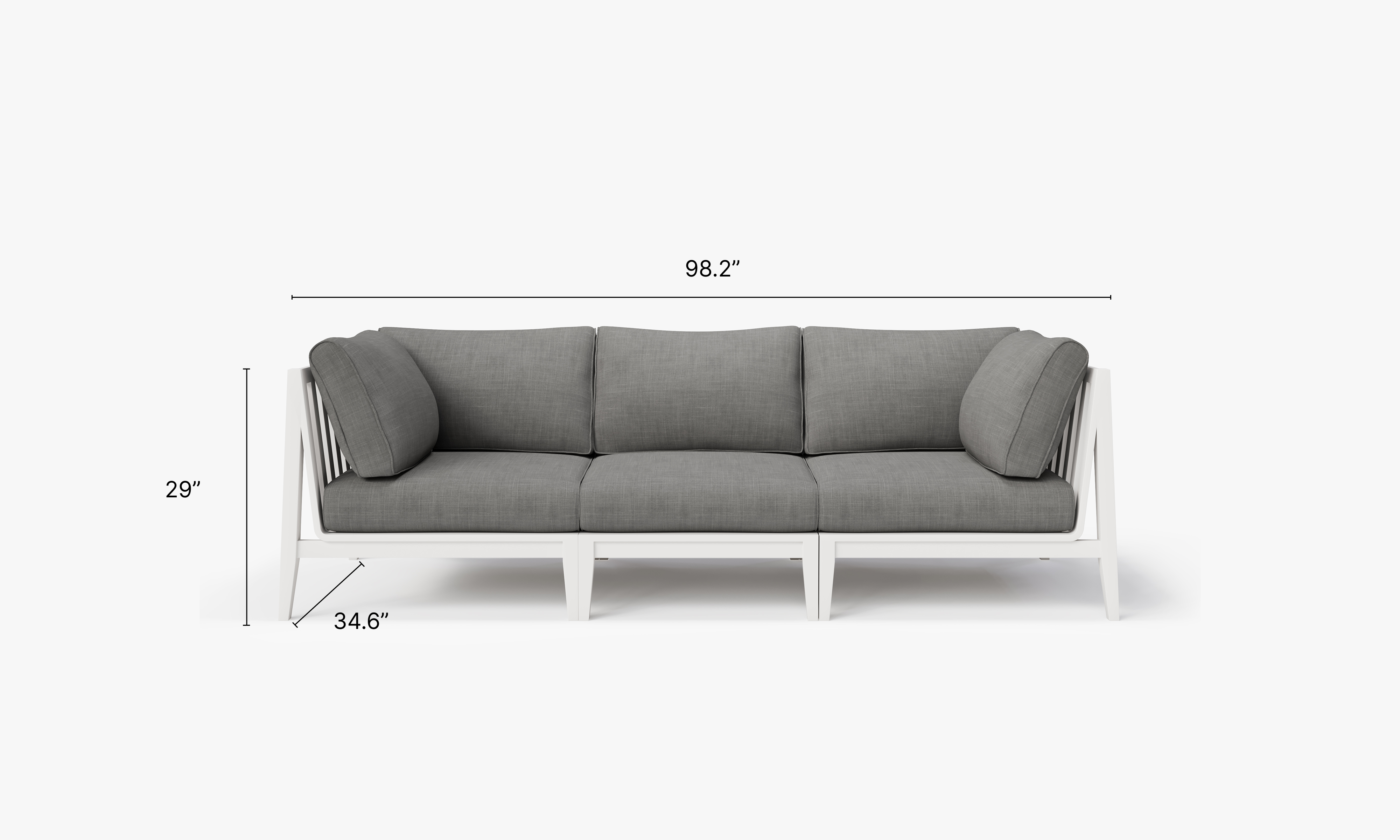 White Aluminum Outdoor Sofa - 3 Seat dimensions in inches, also listed under Dimensions and Weights. #color_dark pebble gray