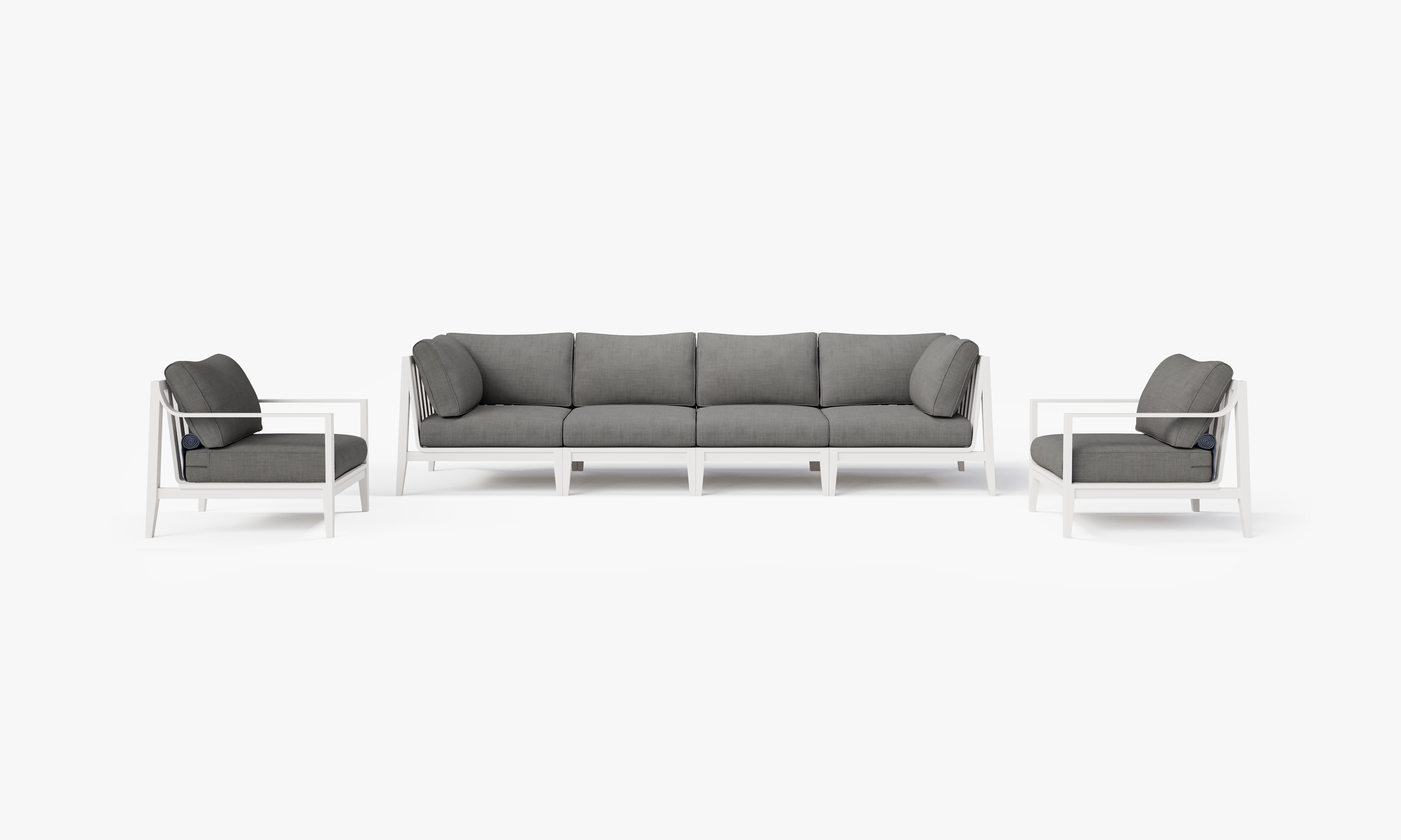 White Aluminum Outdoor Sofa with Armchairs - 6 Seat, front. Comfortable, durable, and weather resistant outdoor seating with memory foam. #color_dark pebble gray