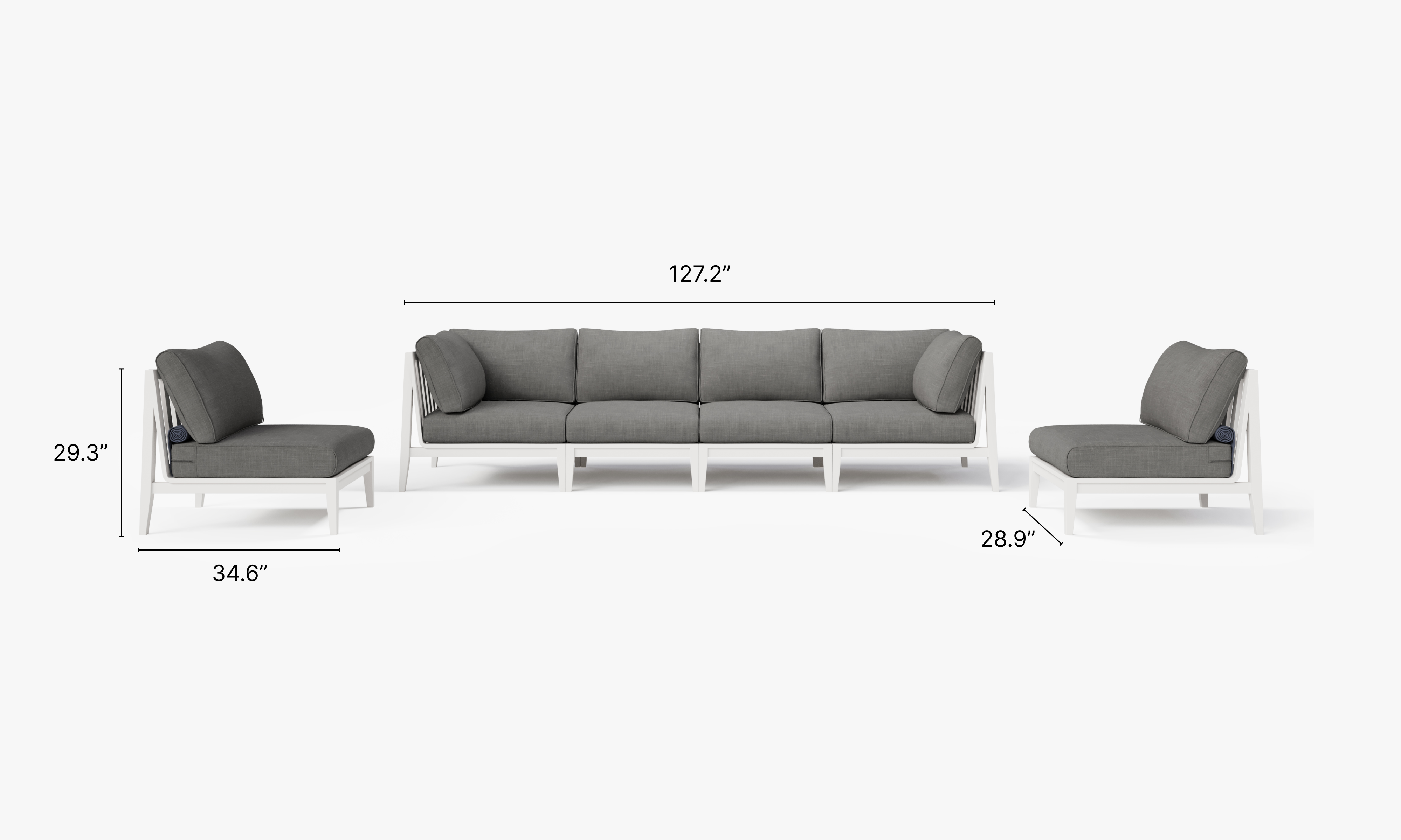 White Aluminum Outdoor Sofa with Armless Chairs - 6 Seat dimensions in inches, also listed under Dimensions and Weights. #color_dark pebble gray