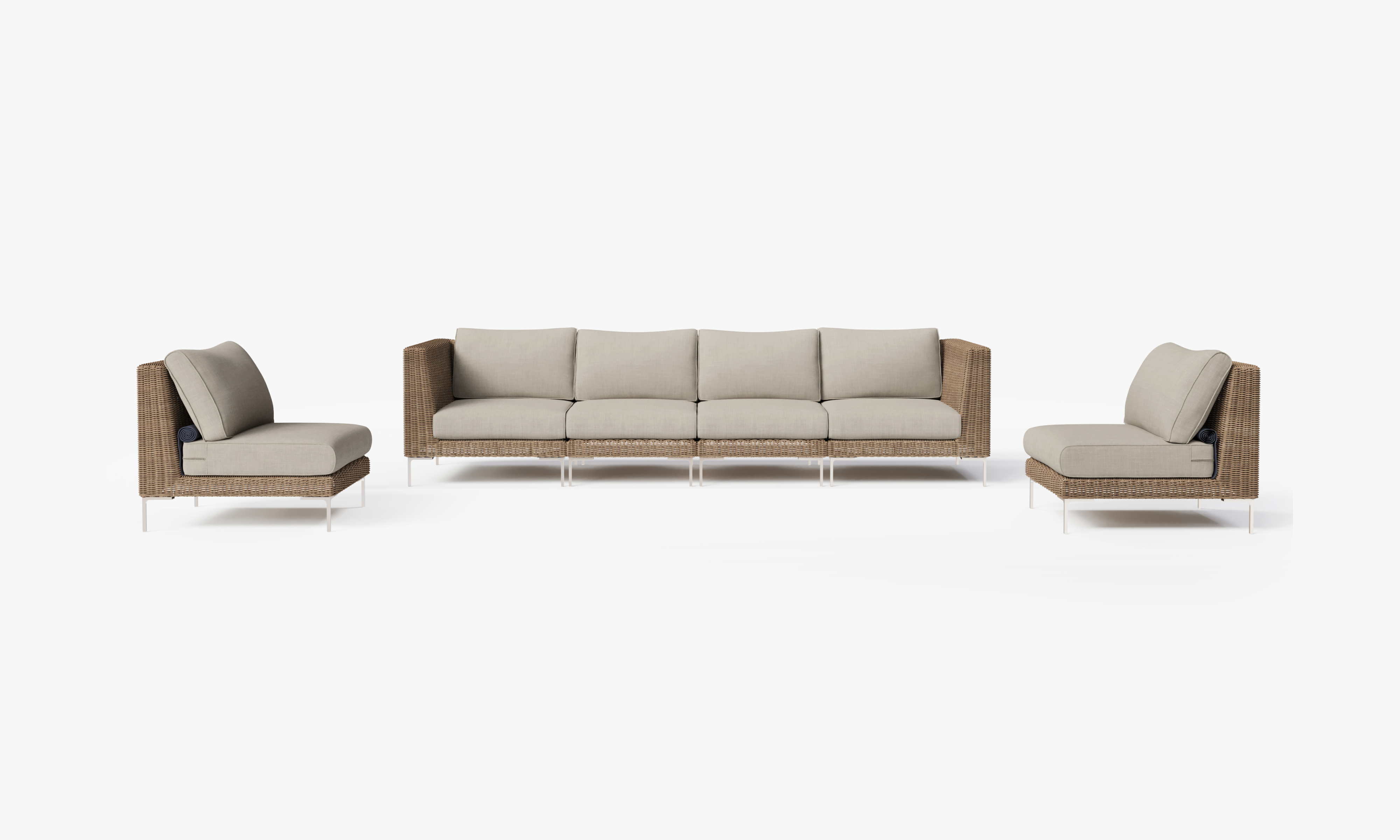 Brown Wicker Outdoor Sofa with Armless Chairs - 6 Seat, front. Comfortable, durable, and weather resistant outdoor seating with memory foam. #color_sandstone gray
