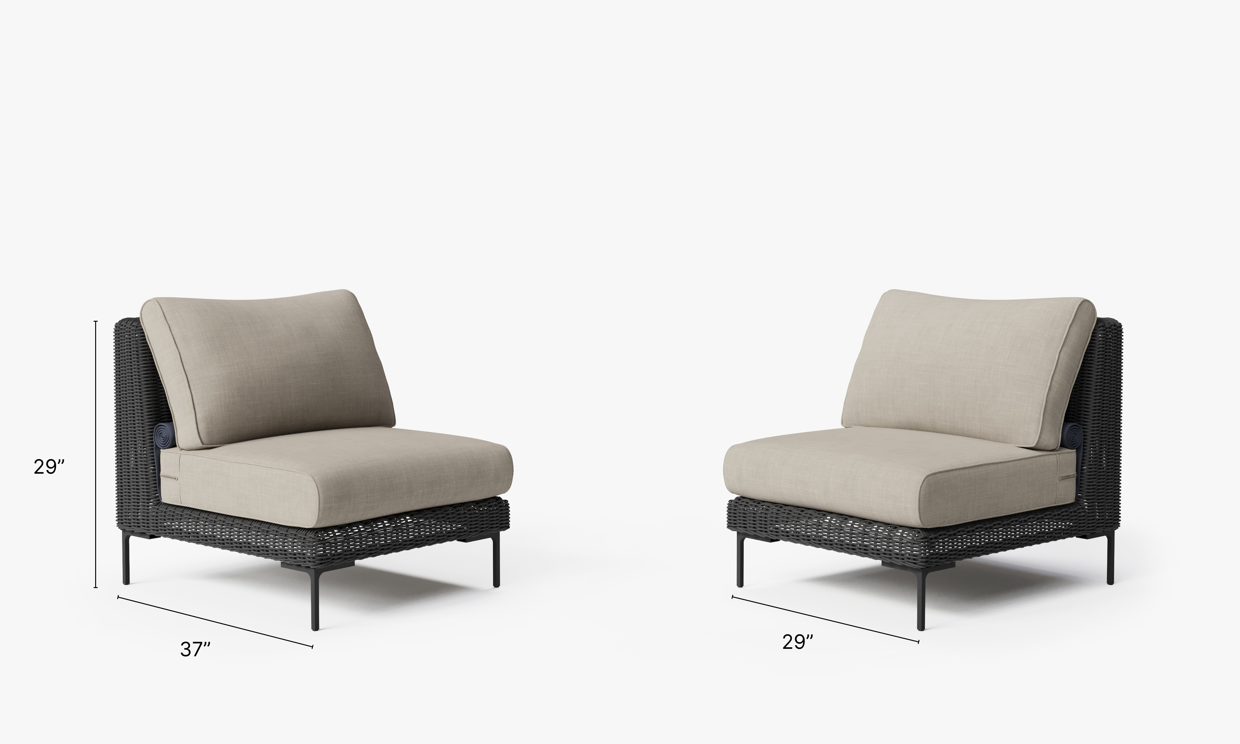 Black Wicker Outdoor Armless Chair Conversation Set dimensions in inches, also listed under Dimensions and Weights. #color_sandstone gray