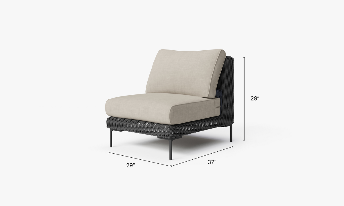 Black Wicker Outdoor Armless Chair dimensions in inches, also listed under Dimensions and Weights. #color_sandstone gray