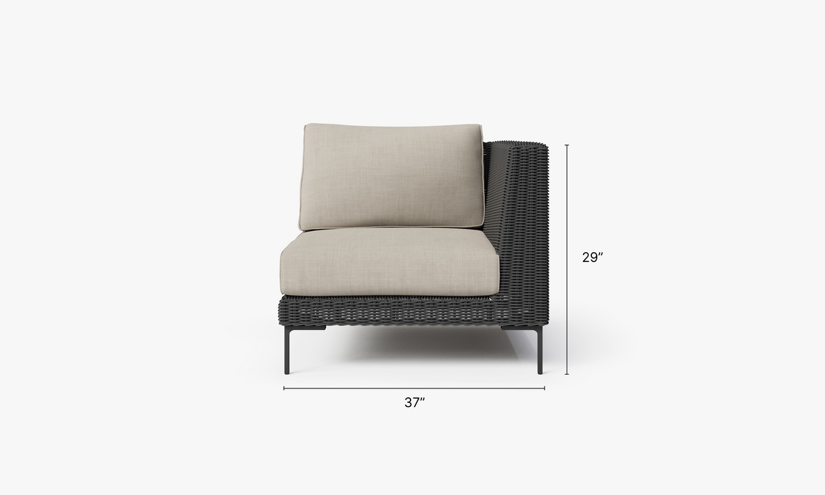 Black Wicker Outdoor Corner Chair - Left/Right dimensions in inches, also listed under Dimensions and Weights. #color_sandstone gray