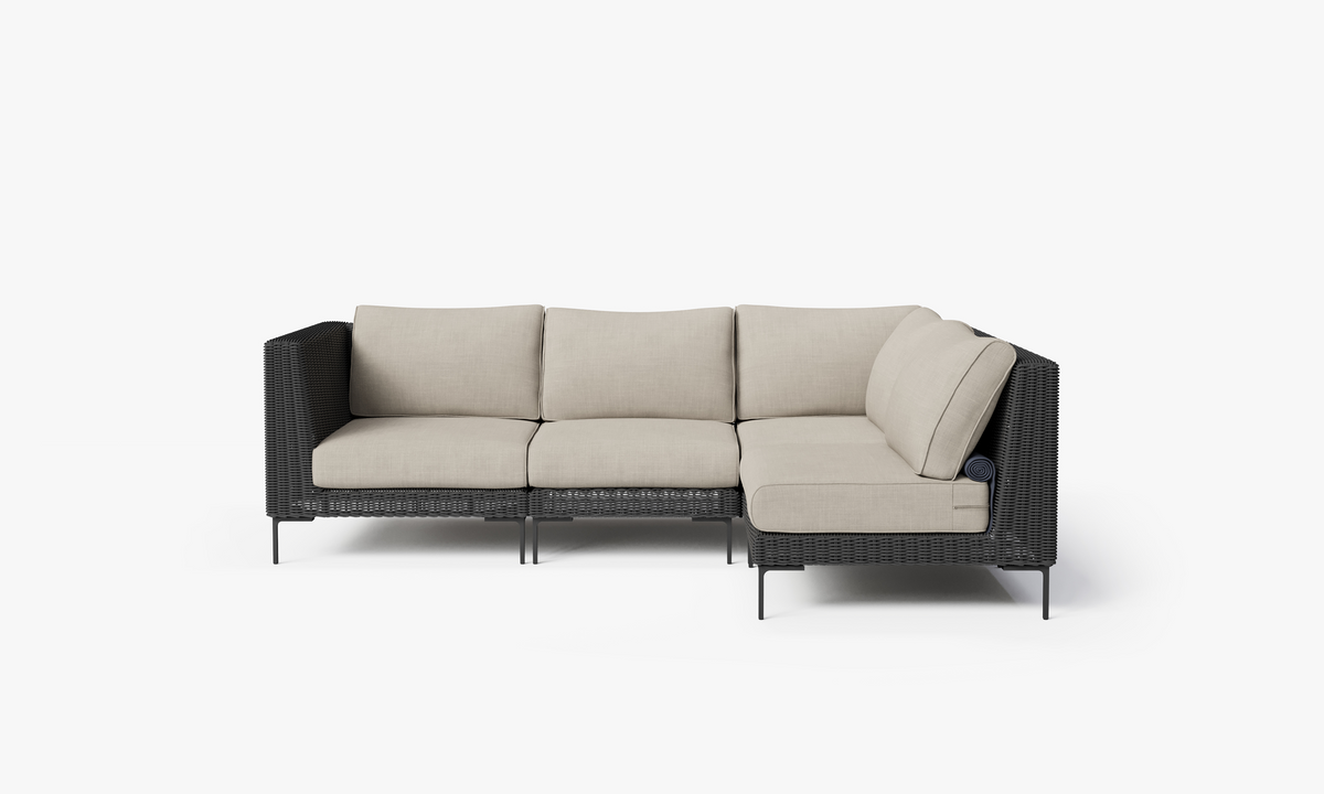 Black Wicker Outdoor L Sectional - 4 Seat, front. Comfortable, durable, and weather resistant outdoor seating with memory foam. #color_sandstone gray