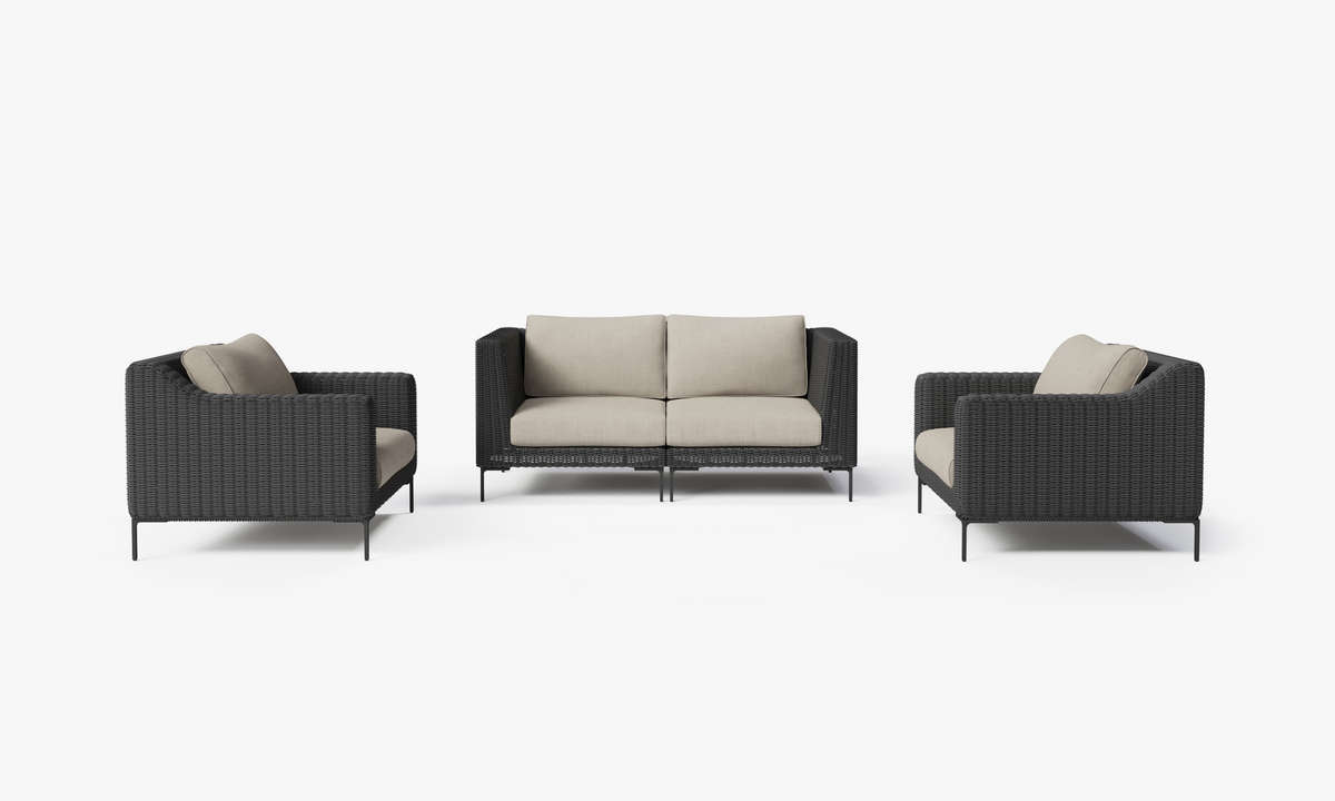 Black Wicker Outdoor Loveseat with Armchairs - 4 Seat, front. Comfortable, durable, and weather resistant outdoor seating with memory foam. #color_sandstone gray