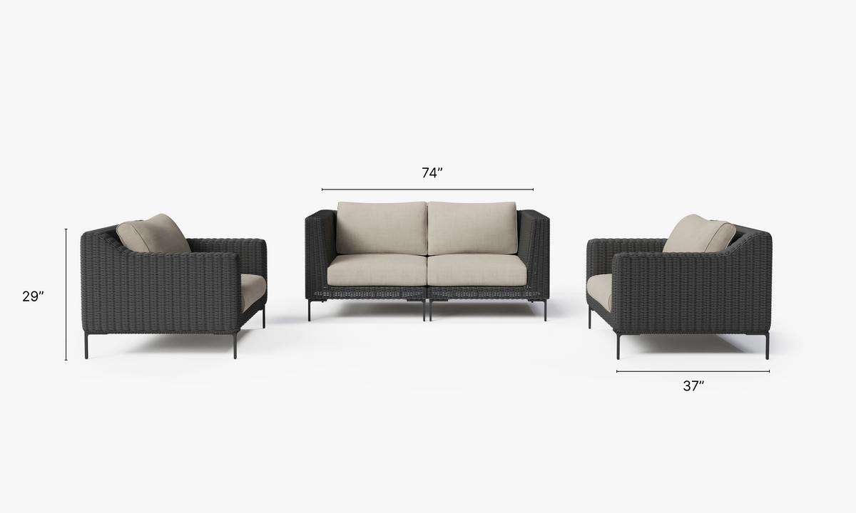 Black Wicker Outdoor Loveseat with Armchairs - 4 Seat dimensions in inches, also listed under Dimensions and Weights. #color_sandstone gray