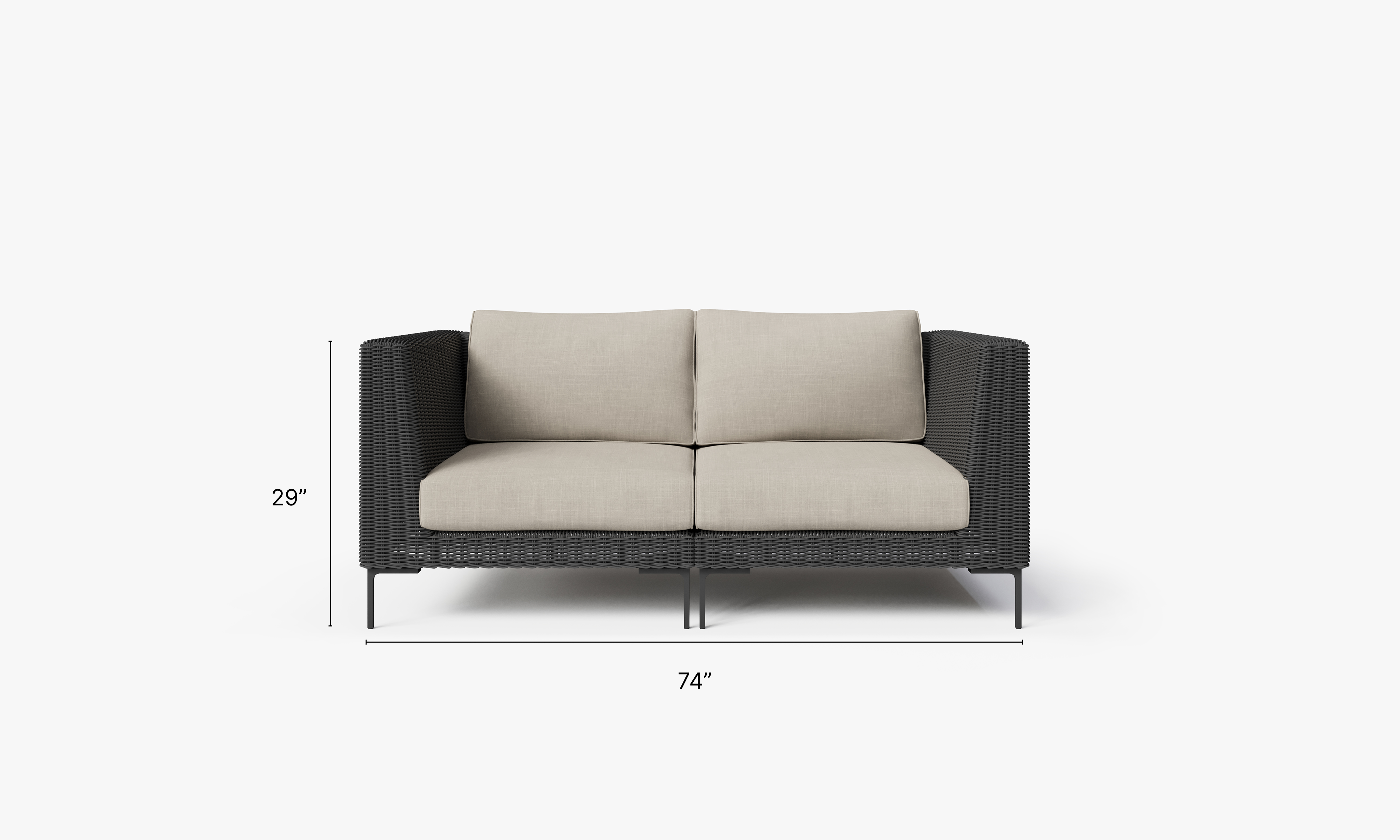Black Wicker Outdoor Loveseat dimensions in inches, also listed under Dimensions and Weights. #color_sandstone gray