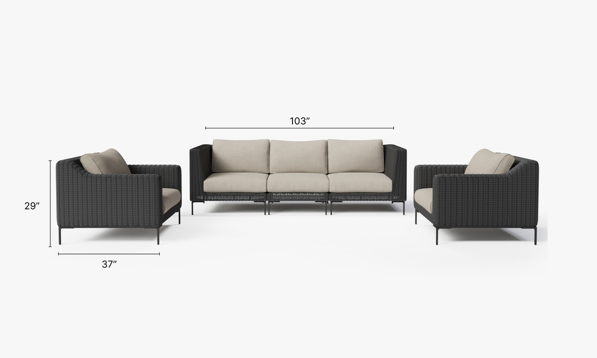 Black Wicker Outdoor Sofa with Armchairs - 5 Seat dimensions in inches, also listed under Dimensions and Weights. #color_sandstone gray