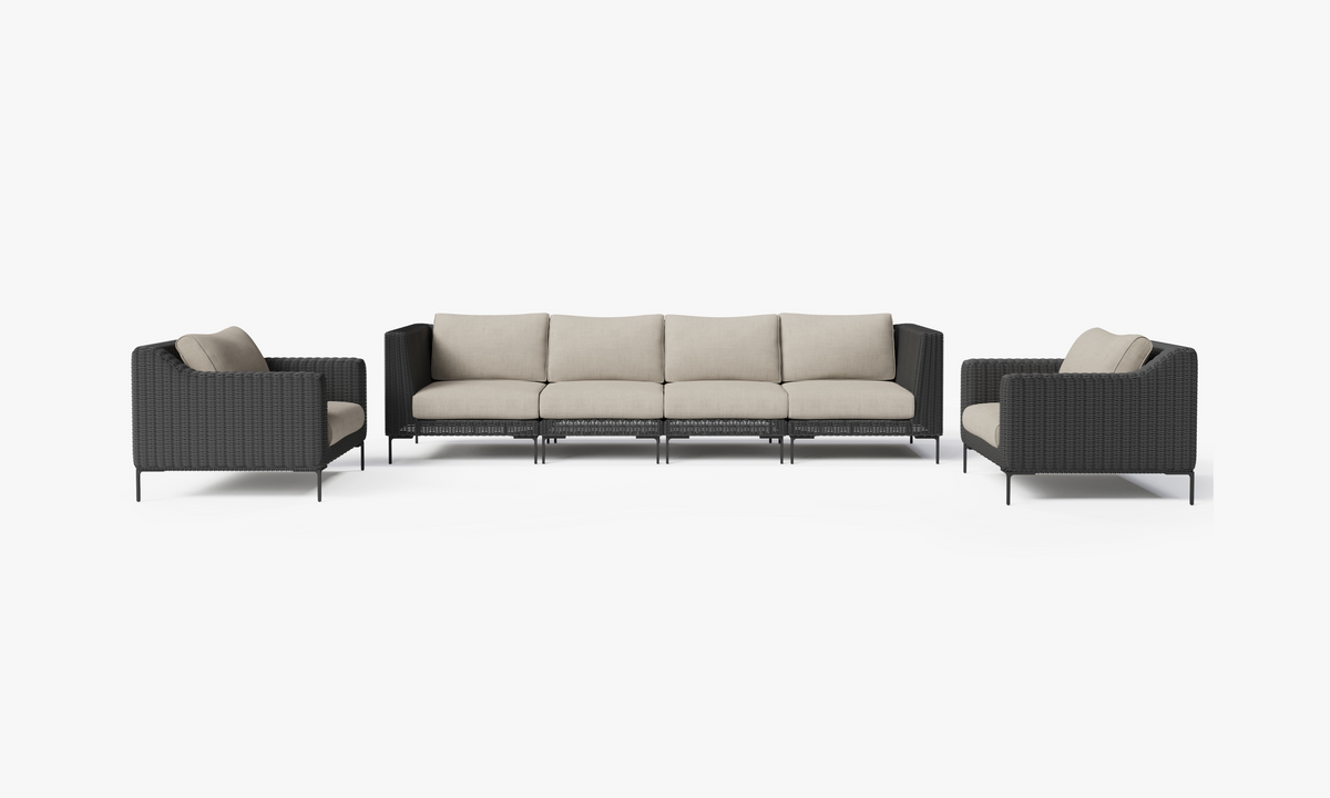 Black Wicker Outdoor Sofa with Armchairs - 6 Seat, front. Comfortable, durable, and weather resistant outdoor seating with memory foam. #color_sandstone gray