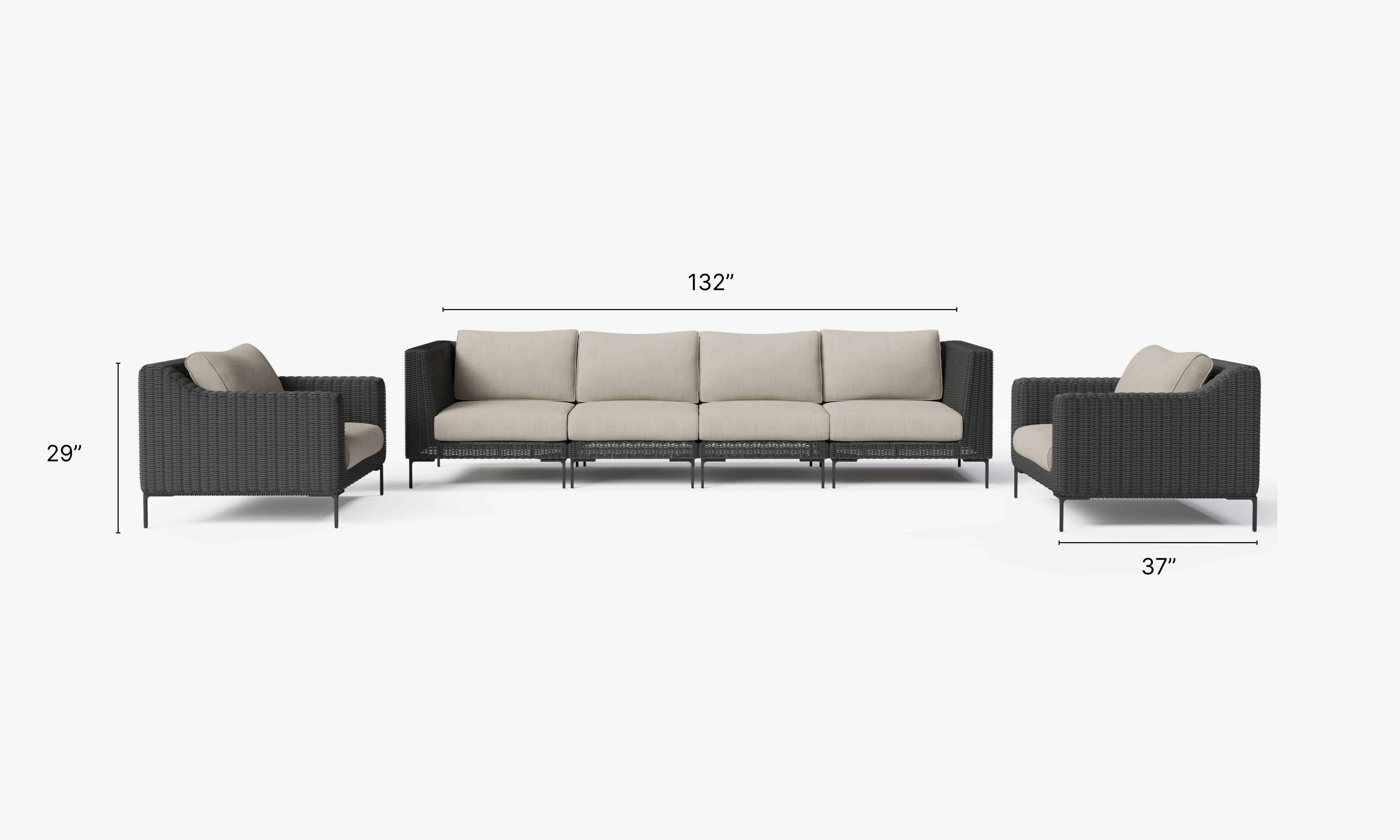 Black Wicker Outdoor Sofa with Armchairs - 6 Seat dimensions in inches, also listed under Dimensions and Weights. #color_sandstone gray