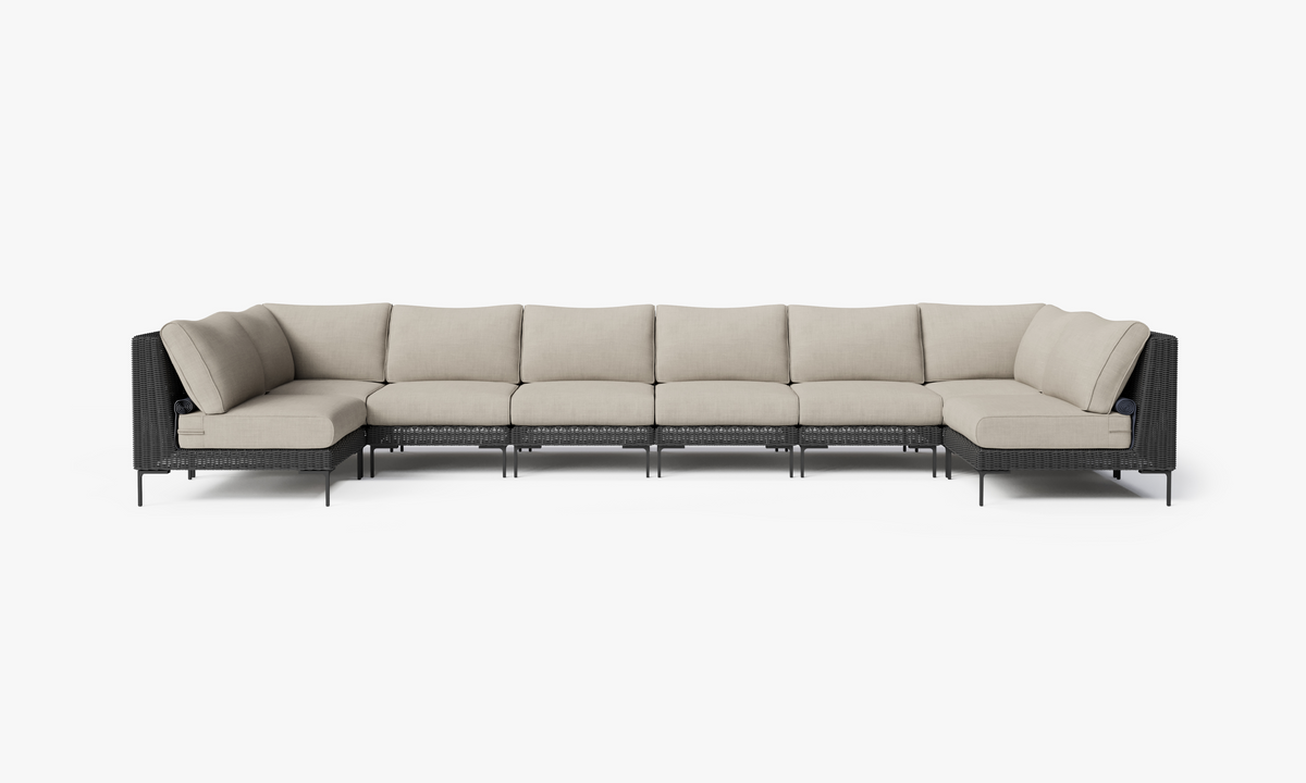 Black Wicker Outdoor U Sectional - 8 Seat, front. Comfortable, durable, and weather resistant outdoor seating with memory foam. #color_sandstone gray