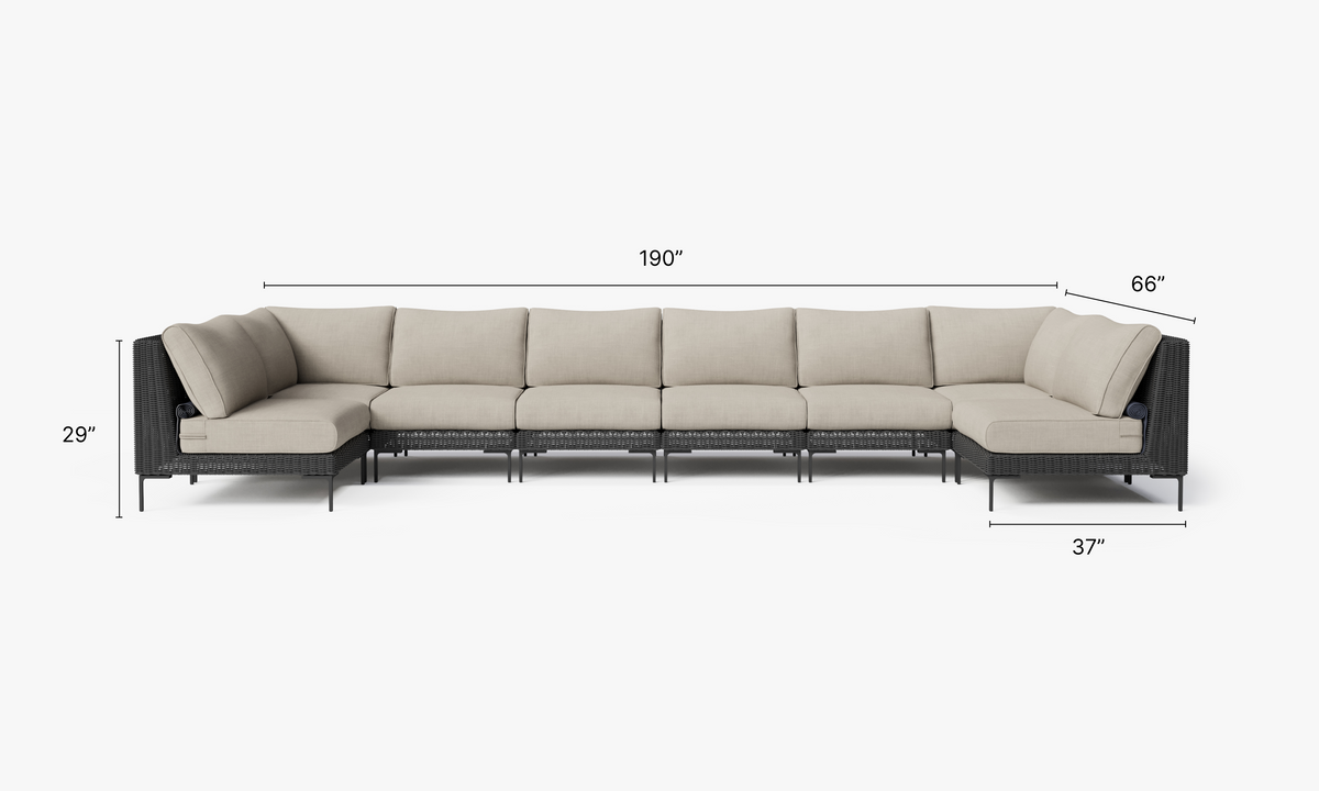 Black Wicker Outdoor U Sectional - 8 Seat dimensions in inches, also listed under Dimensions and Weights. #color_sandstone gray