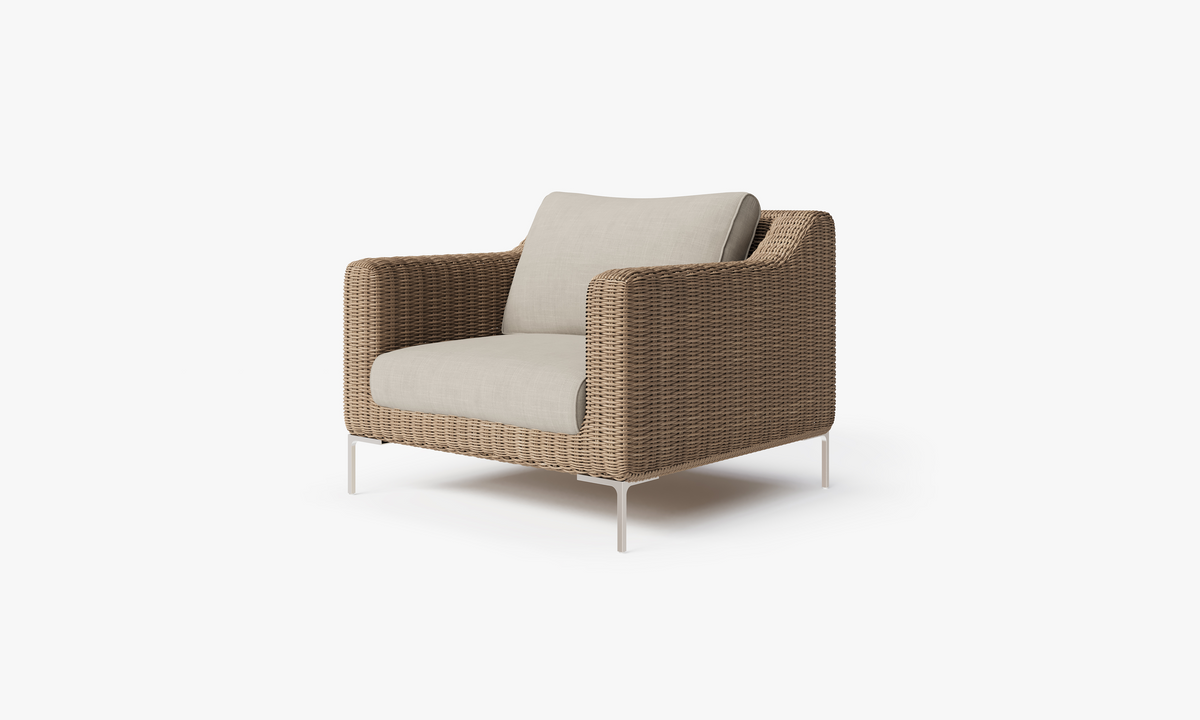 Brown Wicker Outdoor Armchair, front. Comfortable, durable, and weather resistant outdoor seating with memory foam. #color_sandstone gray