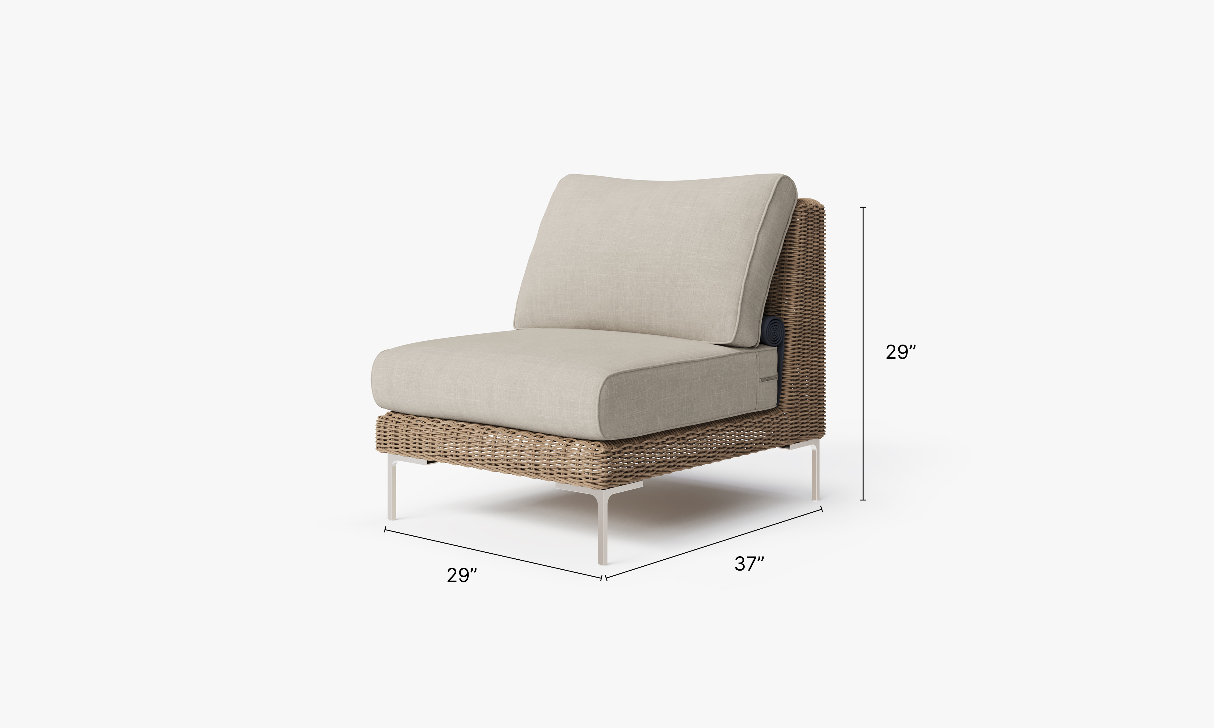 Brown Wicker Outdoor Armless Chair dimensions in inches, also listed under Dimensions and Weights. #color_sandstone gray