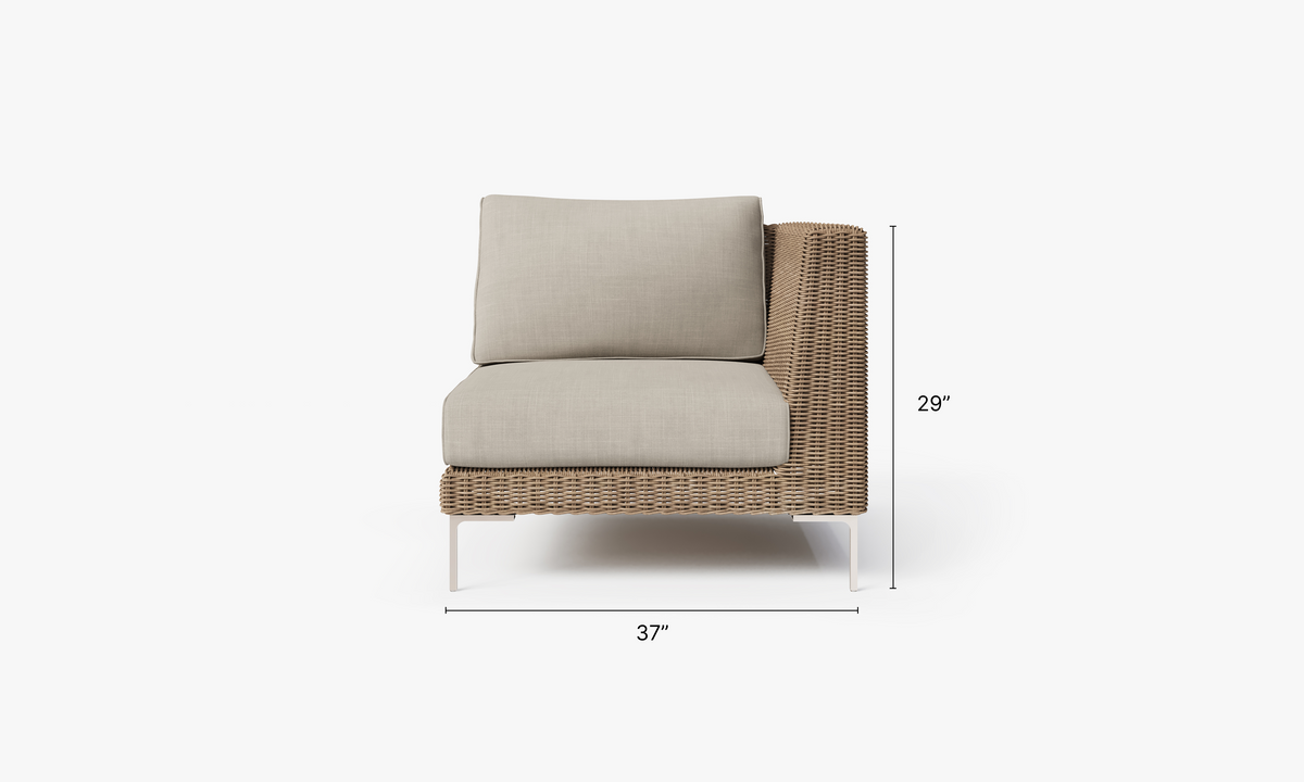 Brown Wicker Outdoor Corner Chair - Left/Right dimensions in inches, also listed under Dimensions and Weights. #color_sandstone gray