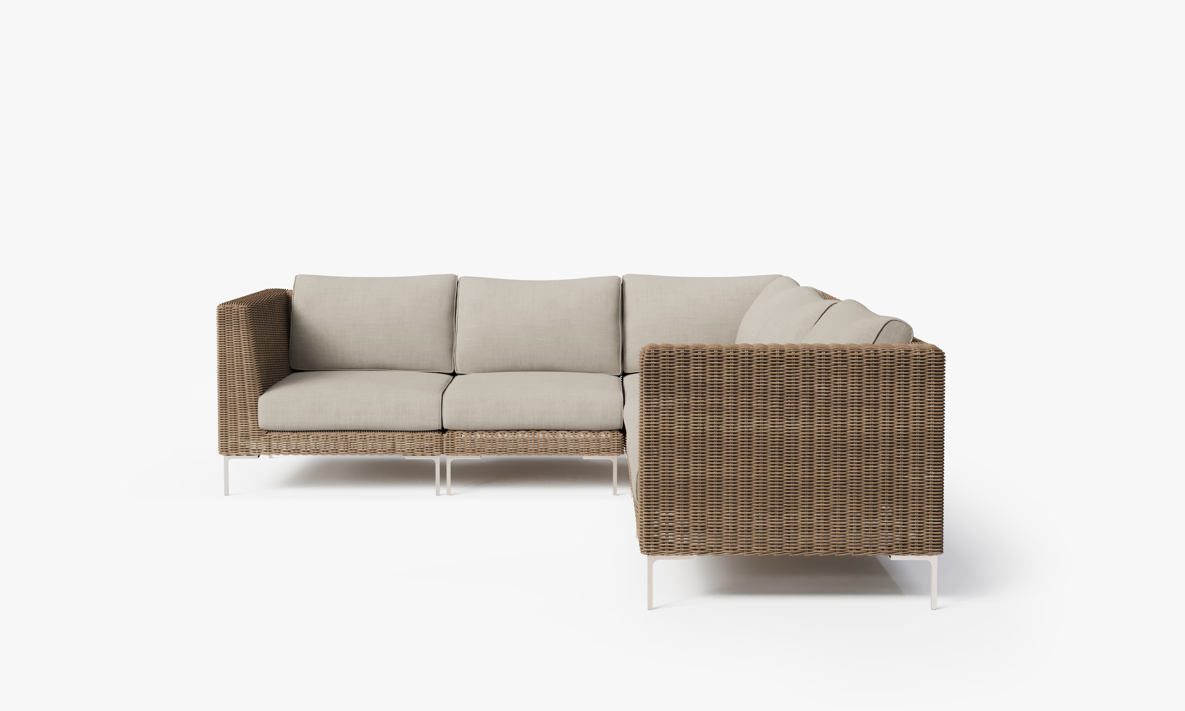 Brown Wicker Outdoor Corner Sectional - 5 Seat, front. Comfortable, durable, and weather resistant outdoor seating with memory foam. #color_sandstone gray